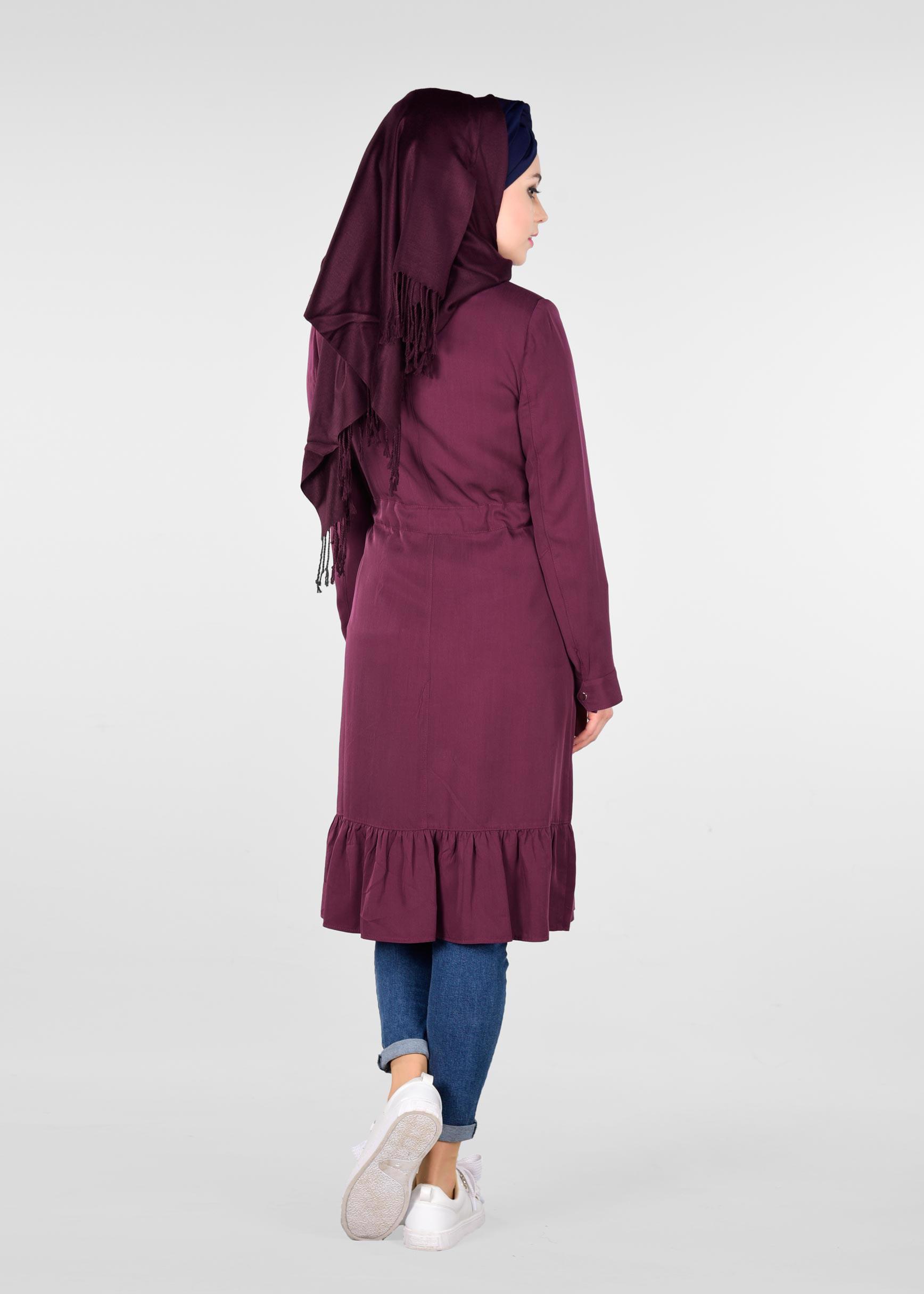 Tesettür giyim MÜRDÜM ETEK UCU VOLANLI BELİ BÜZGÜLÜ TRENÇKOT 1201