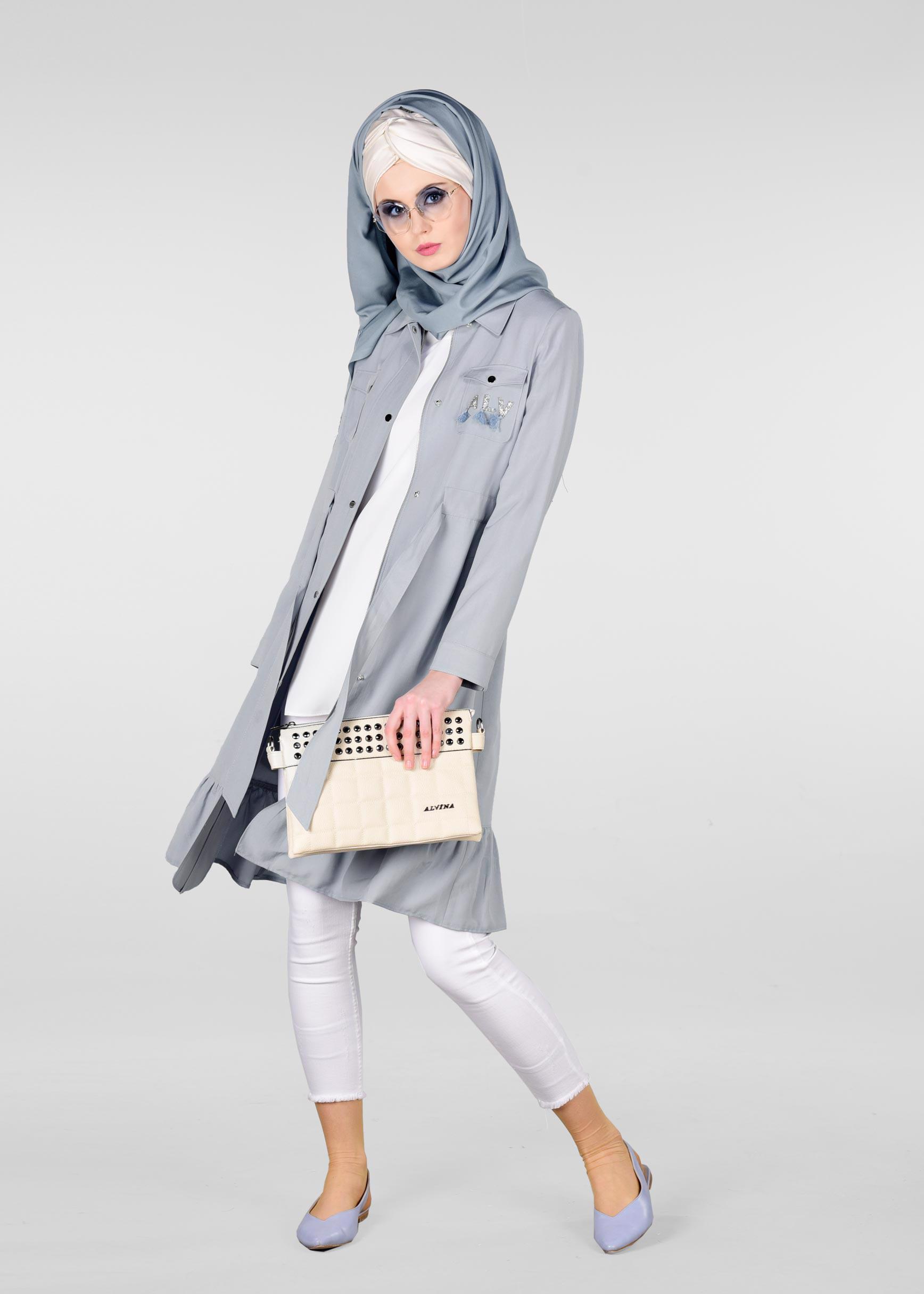 Tesettür giyim MAVİ ETEK UCU VOLANLI BELİ BÜZGÜLÜ TRENÇKOT 1201