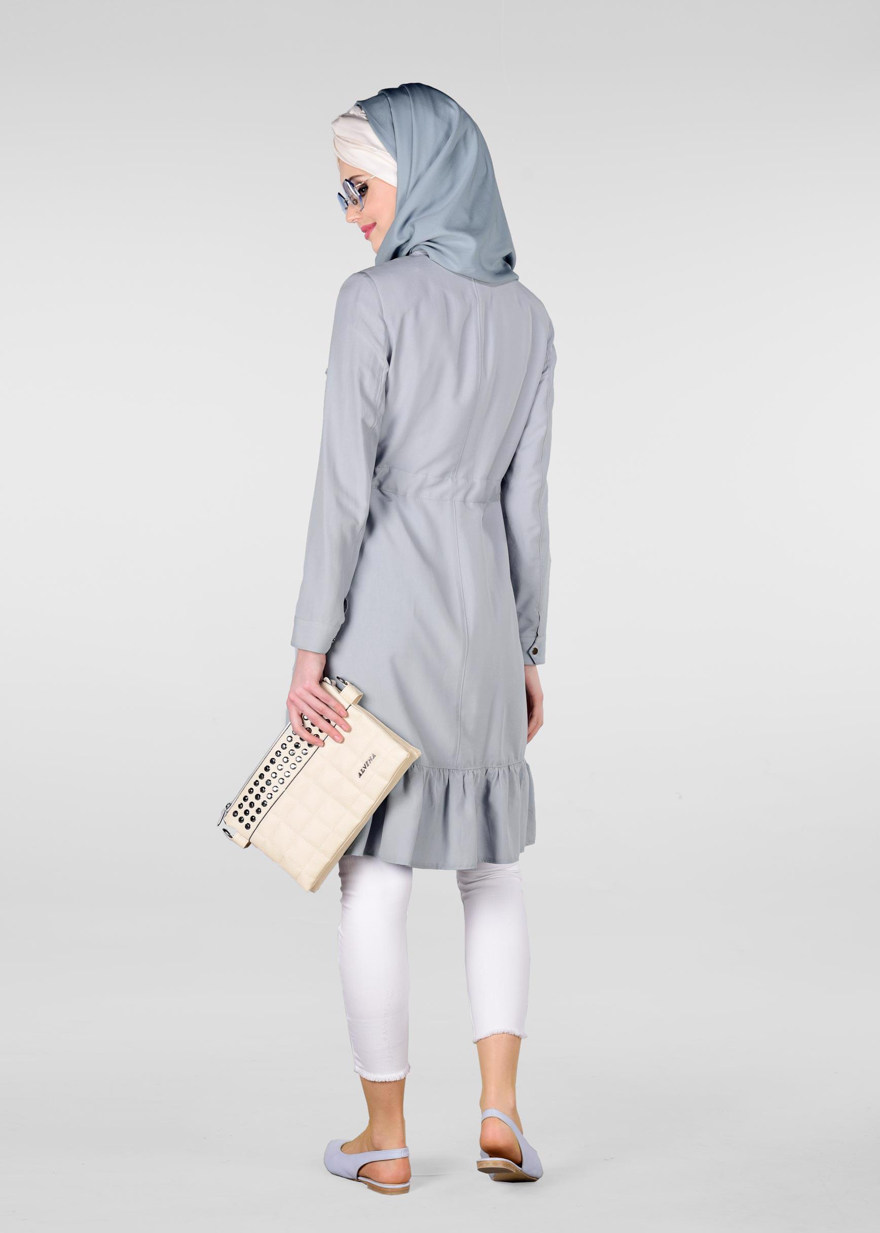 Tesettür giyim MAVİ ETEK UCU VOLANLI BELİ BÜZGÜLÜ TRENÇKOT 1201