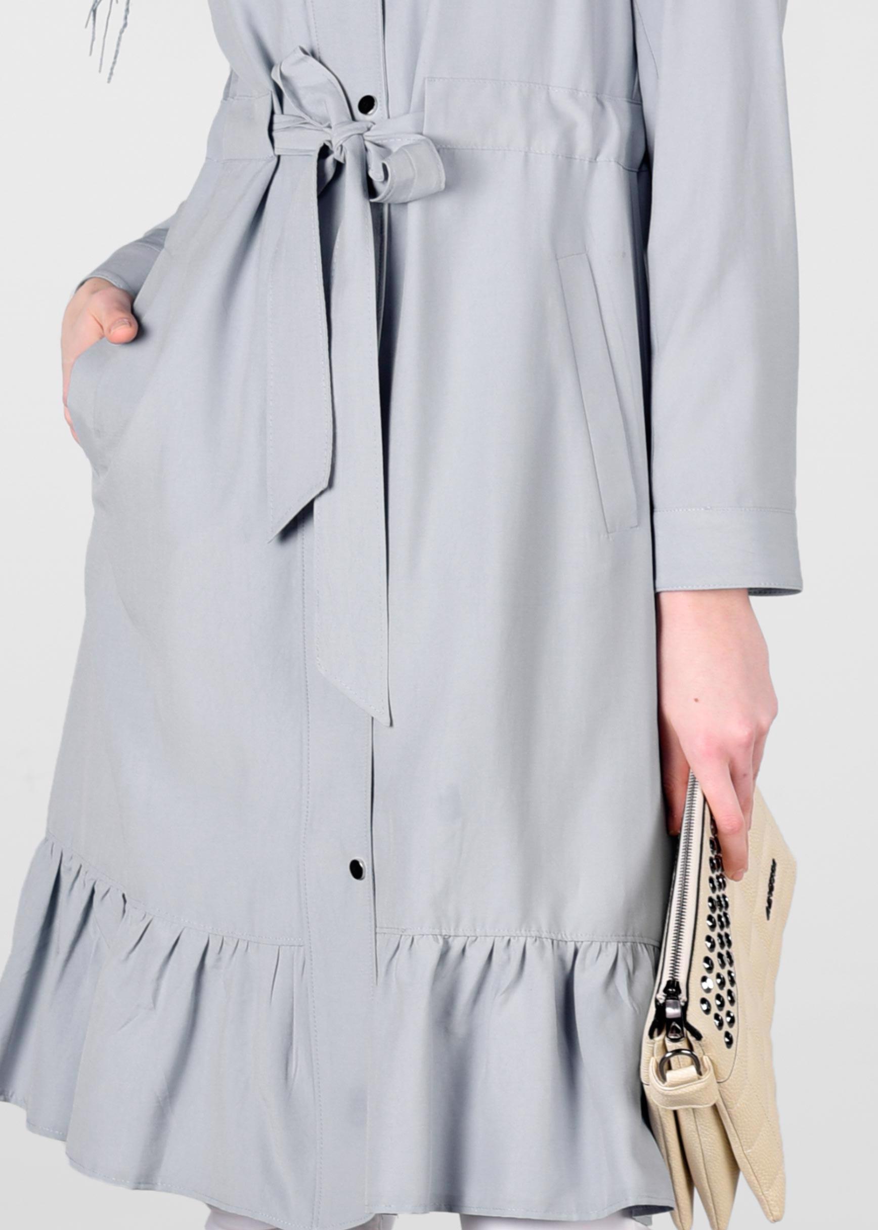 Tesettür giyim MAVİ ETEK UCU VOLANLI BELİ BÜZGÜLÜ TRENÇKOT 1201