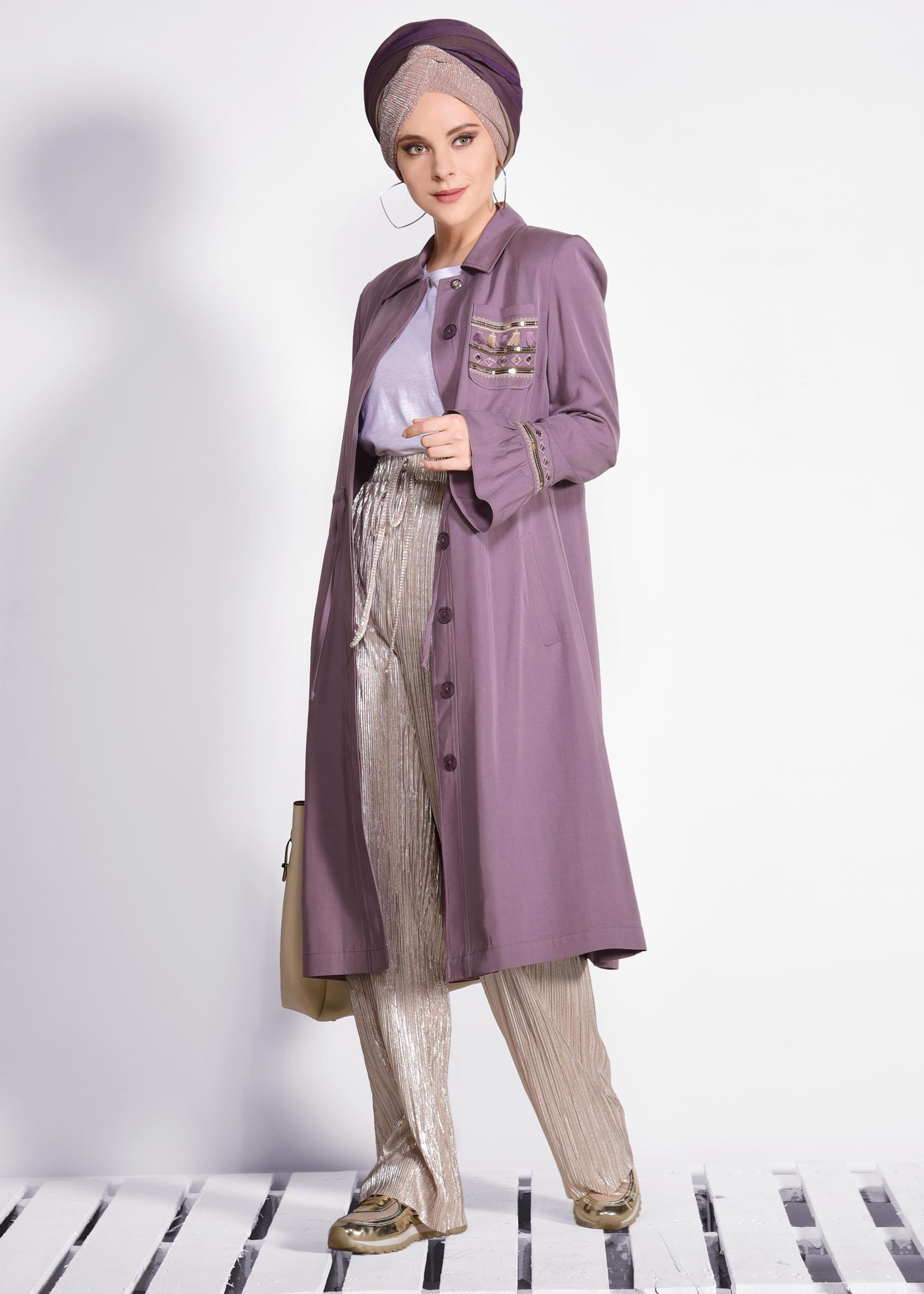 Tesettür giyim MOR İŞLEMELİ BELİ BÜZGÜLÜ TRENÇKOT 1202