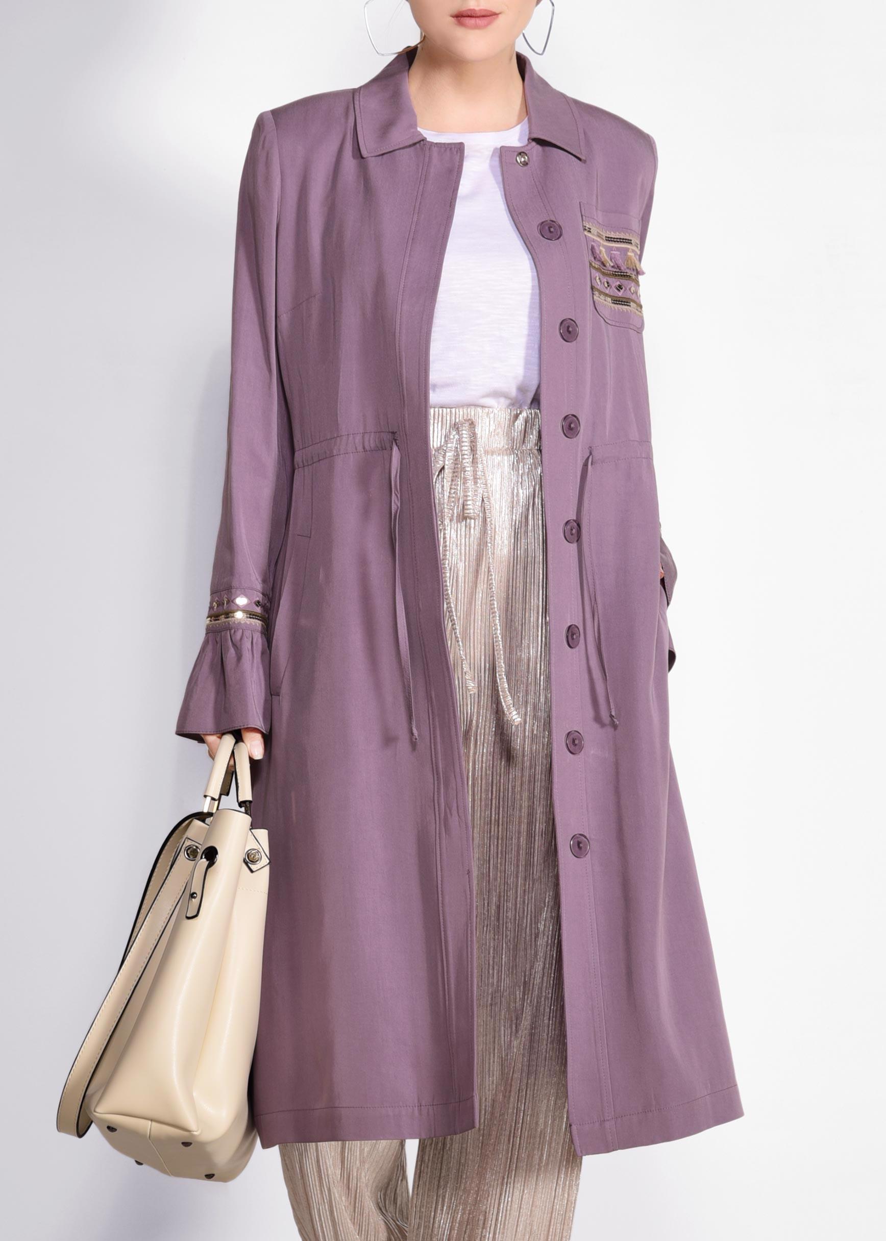 Tesettür giyim MOR İŞLEMELİ BELİ BÜZGÜLÜ TRENÇKOT 1202