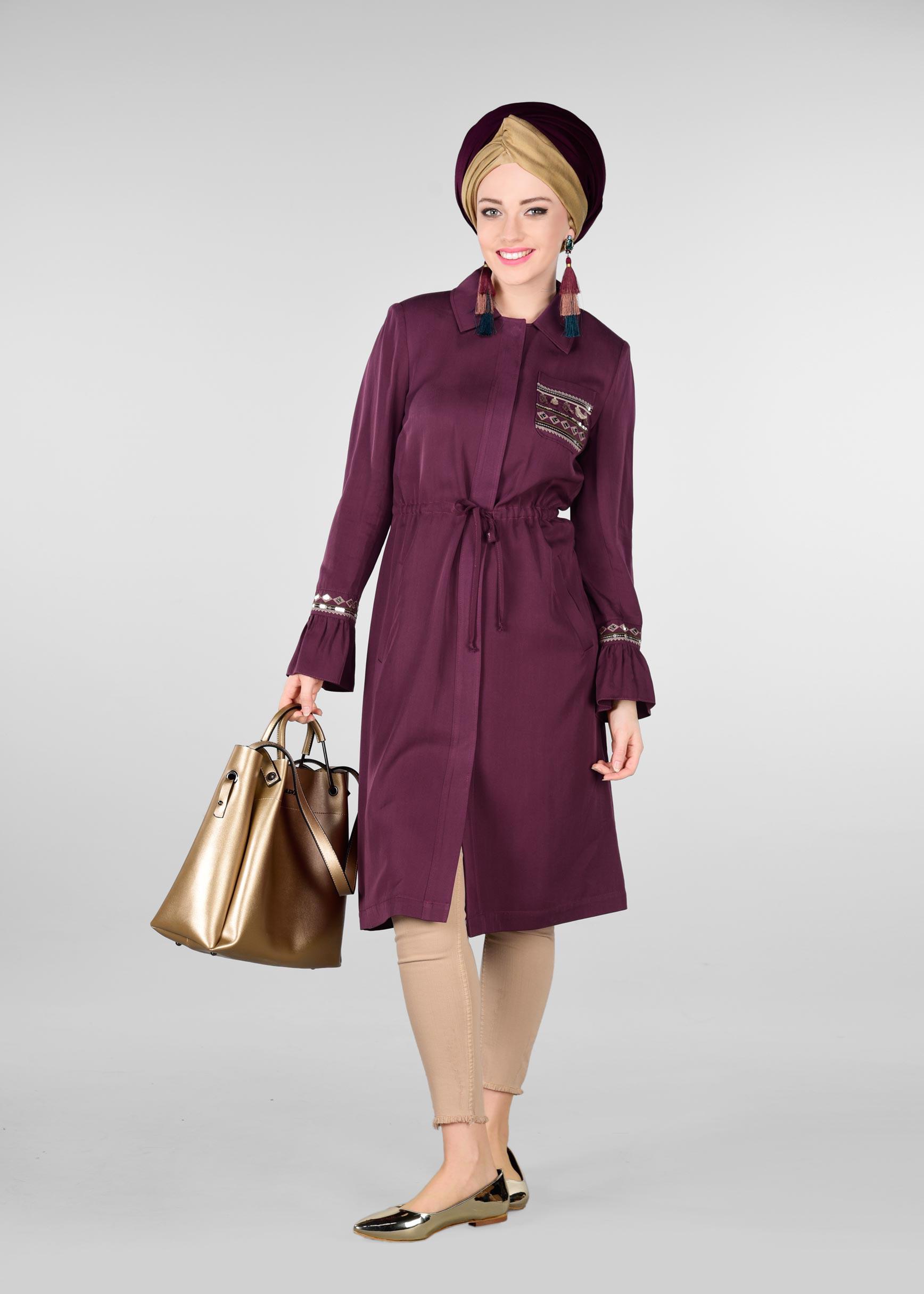 Tesettür giyim MOR İŞLEMELİ BELİ BÜZGÜLÜ TRENÇKOT 1202