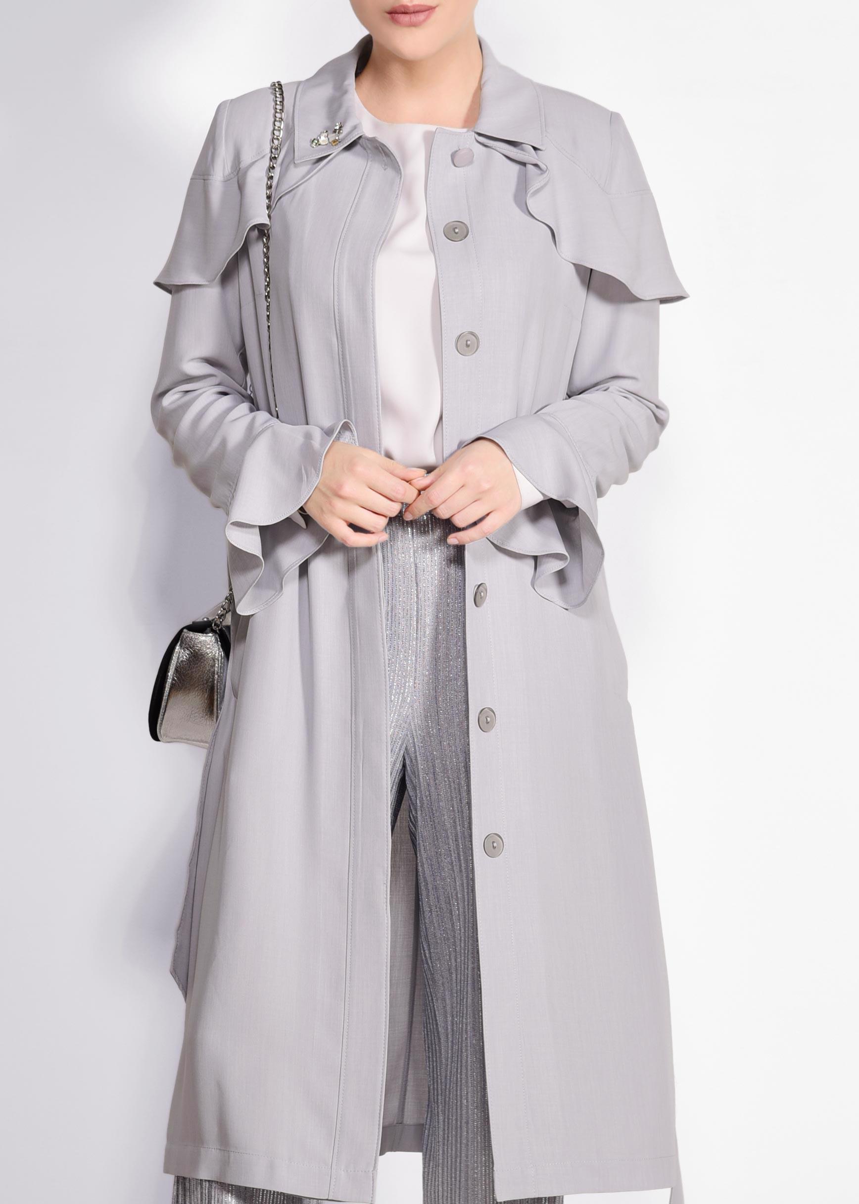 Tesettür giyim GRİ OMUZLARI VOLANLI GİZLİ DÜĞMELİ TRENÇKOT 1205