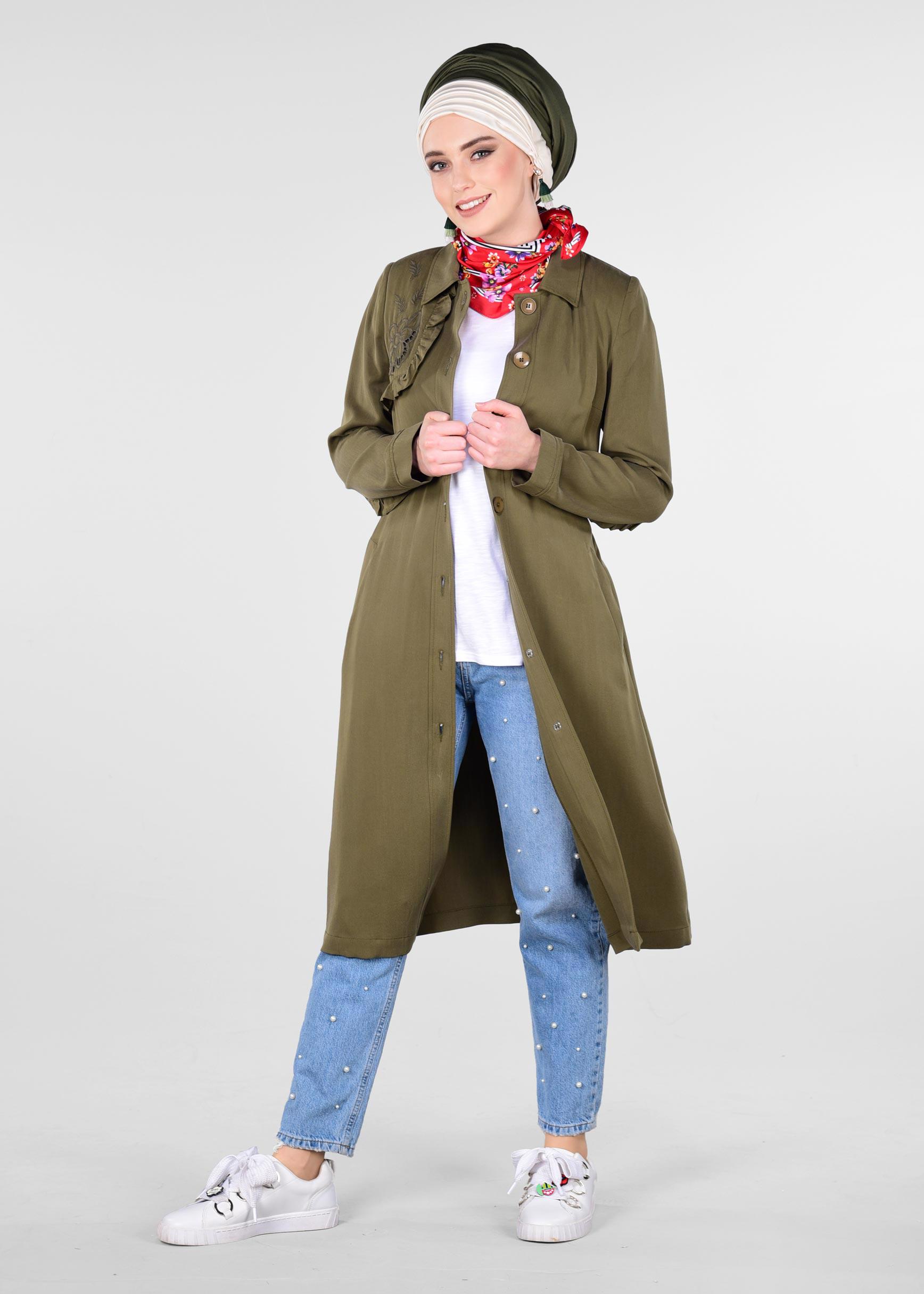 Tesettür giyim HAKİ SIRT DETAYLI DÜĞMELİ TRENÇKOT 1206