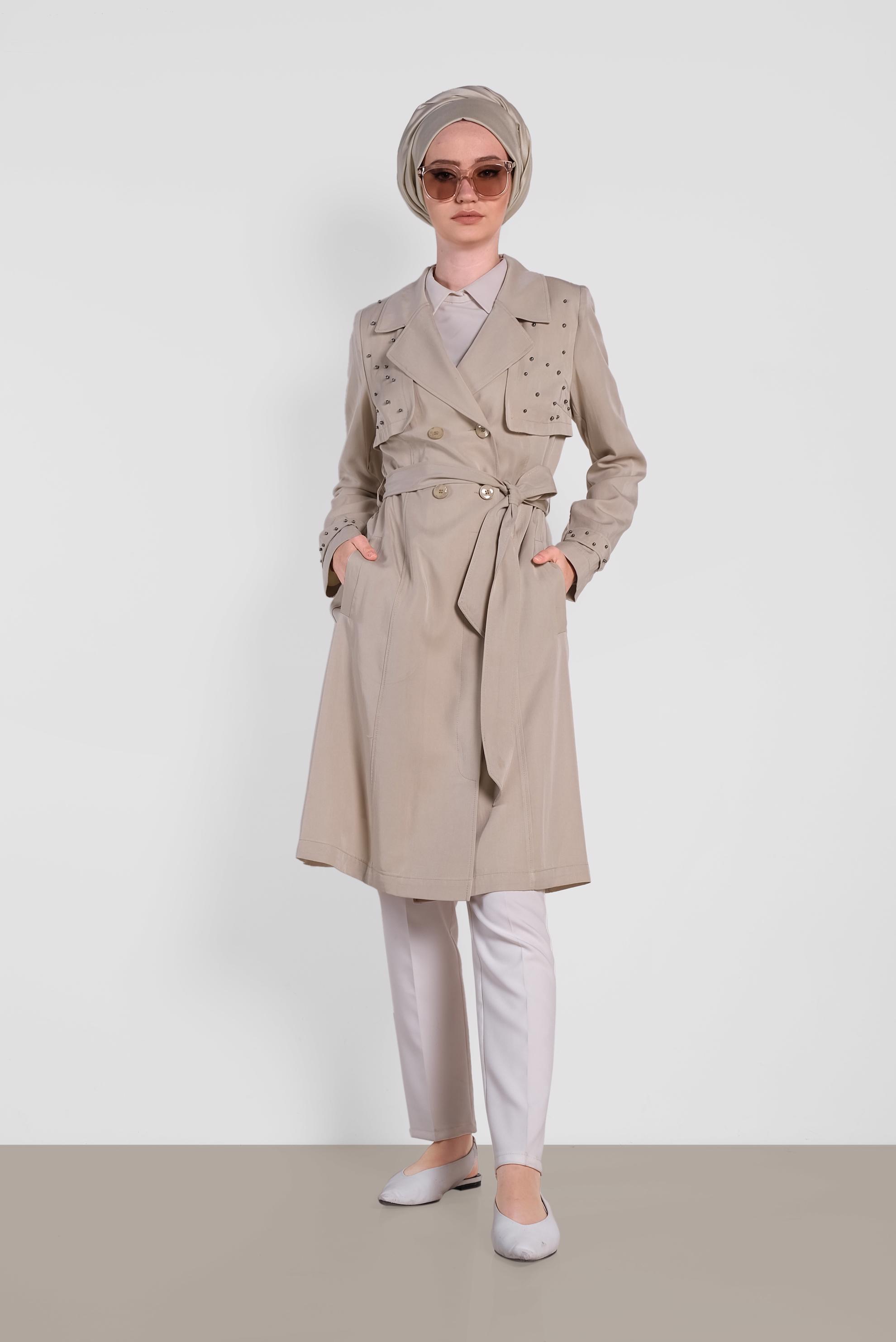 Tesettür giyim BEJ İNCİLİ KRUVAZE TRENÇKOT 1207