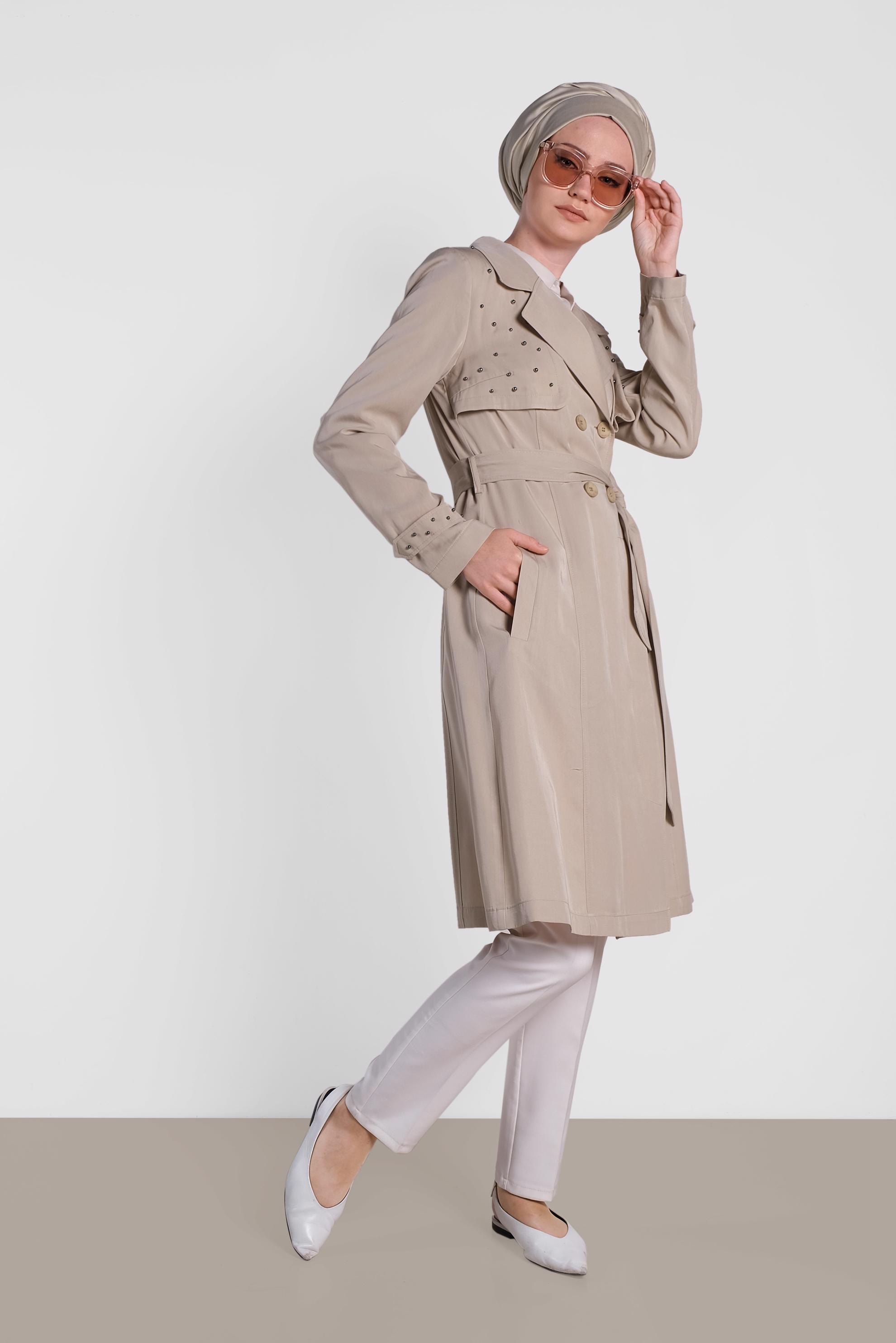 Tesettür giyim BEJ İNCİLİ KRUVAZE TRENÇKOT 1207
