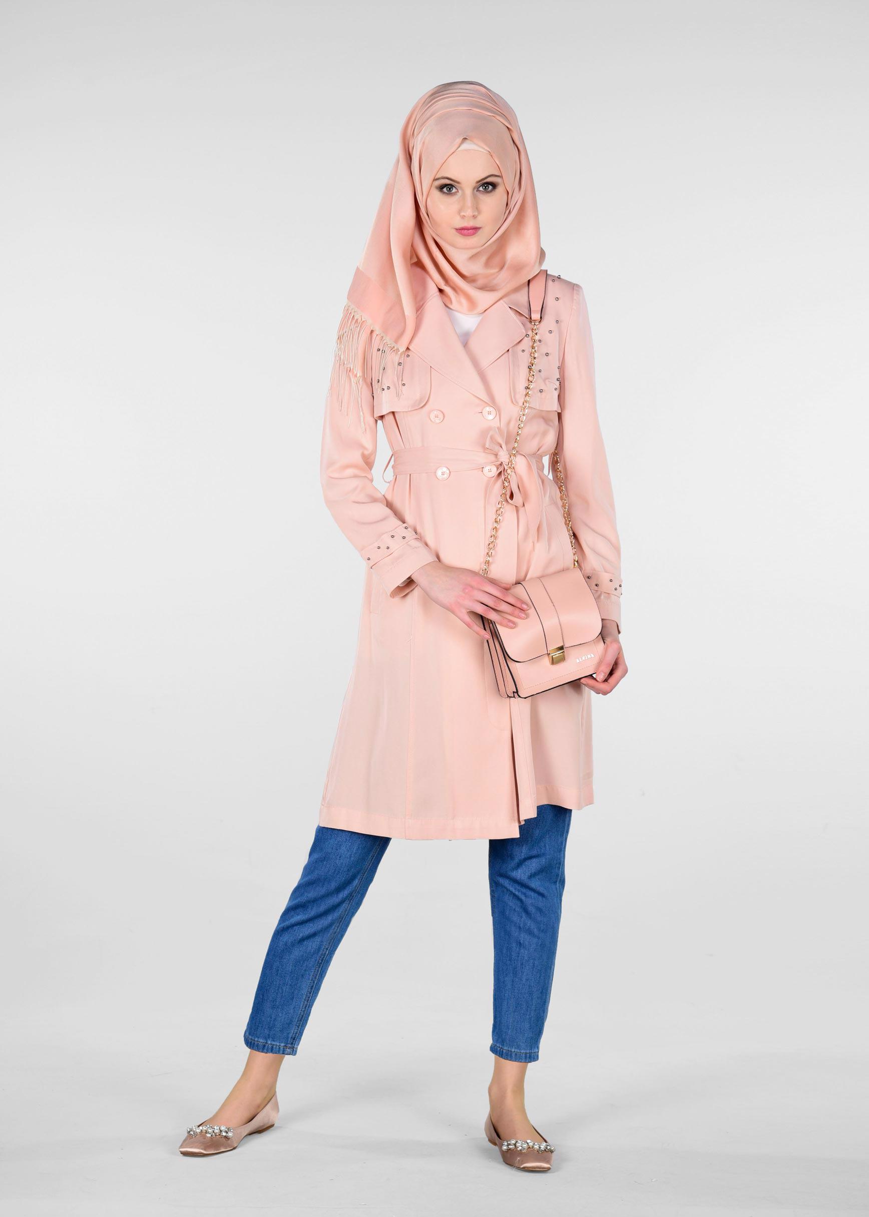 Tesettür giyim PUDRA İNCİLİ KRUVAZE TRENÇKOT 1207