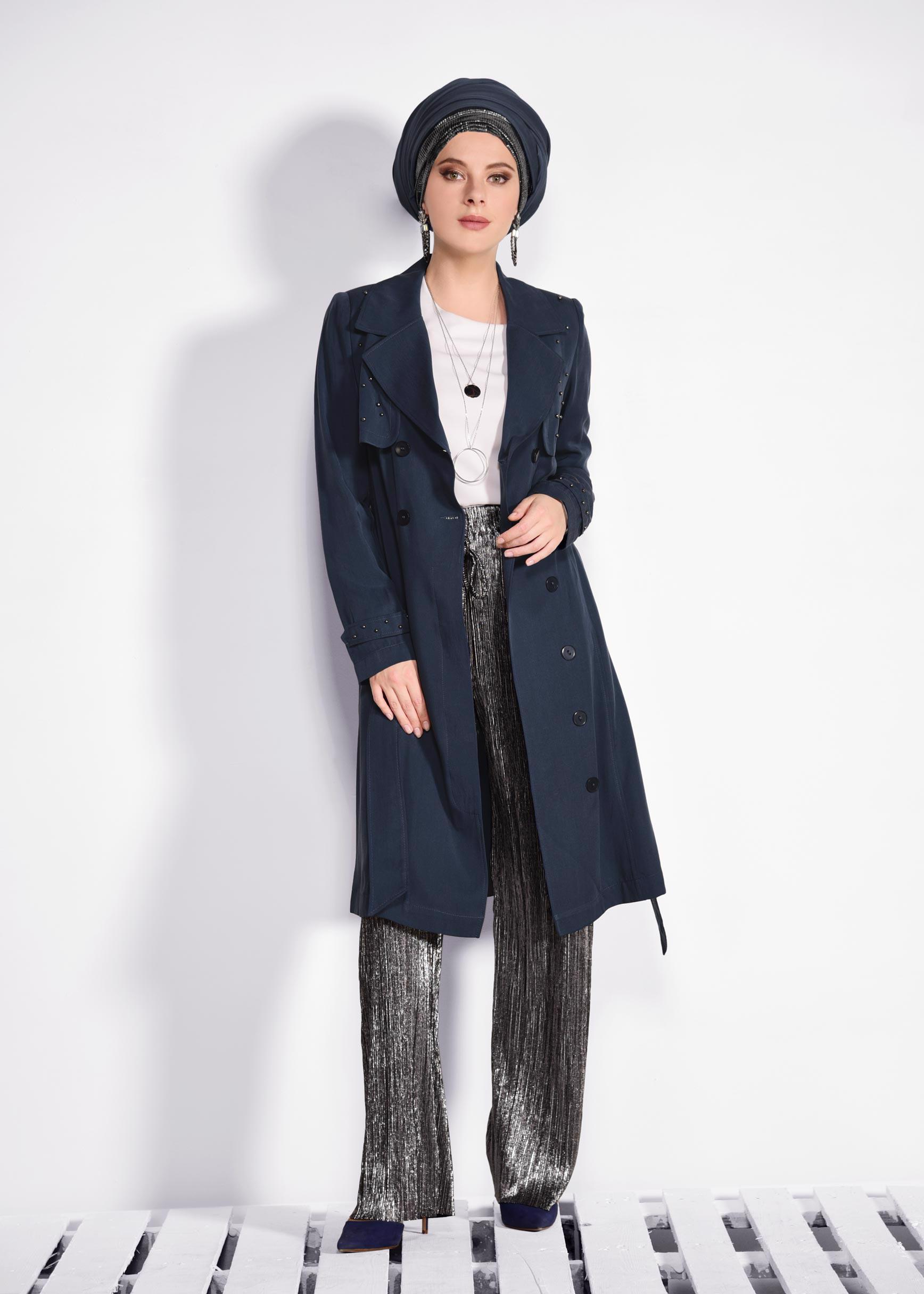 Tesettür giyim LACİVERT İNCİLİ KRUVAZE TRENÇKOT 1207