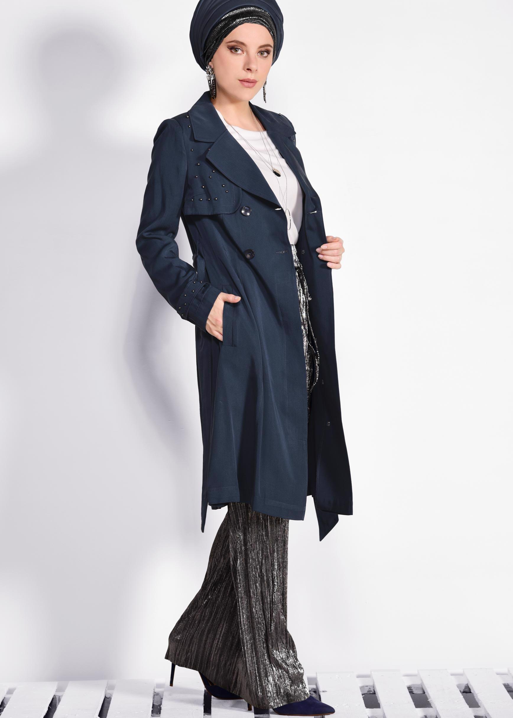 Tesettür giyim LACİVERT İNCİLİ KRUVAZE TRENÇKOT 1207