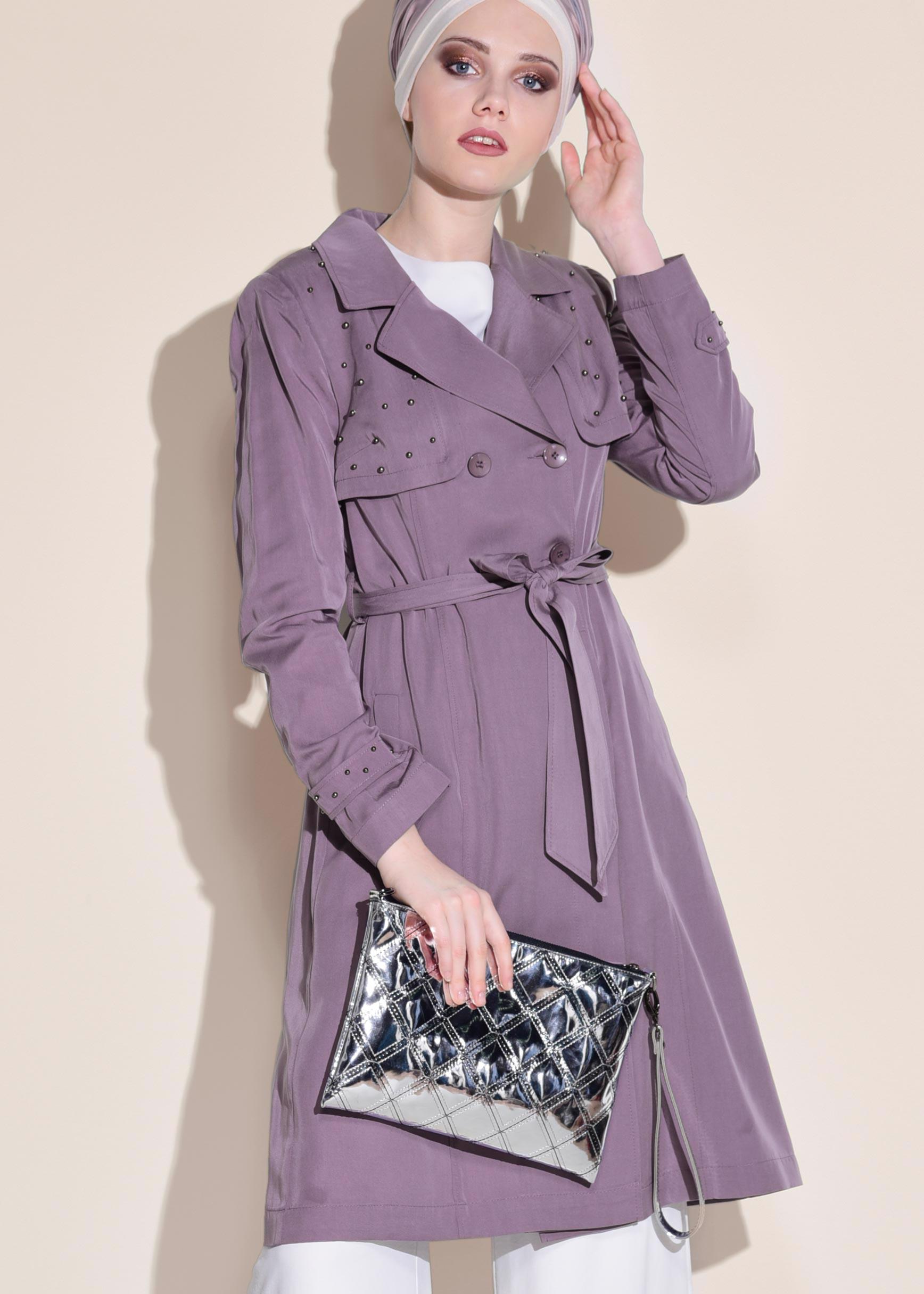 Tesettür giyim MOR İNCİLİ KRUVAZE TRENÇKOT 1207