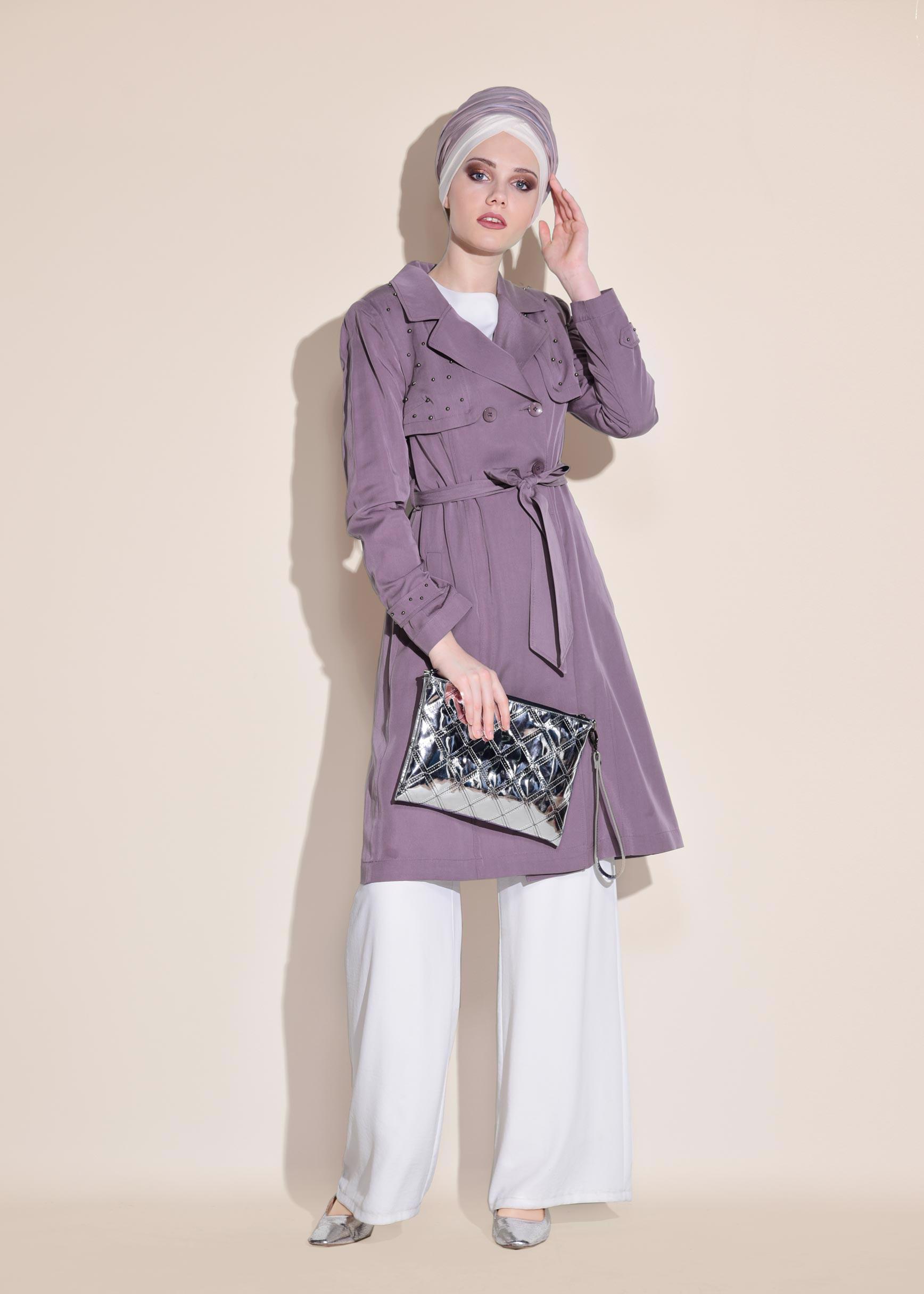 Tesettür giyim MOR İNCİLİ KRUVAZE TRENÇKOT 1207