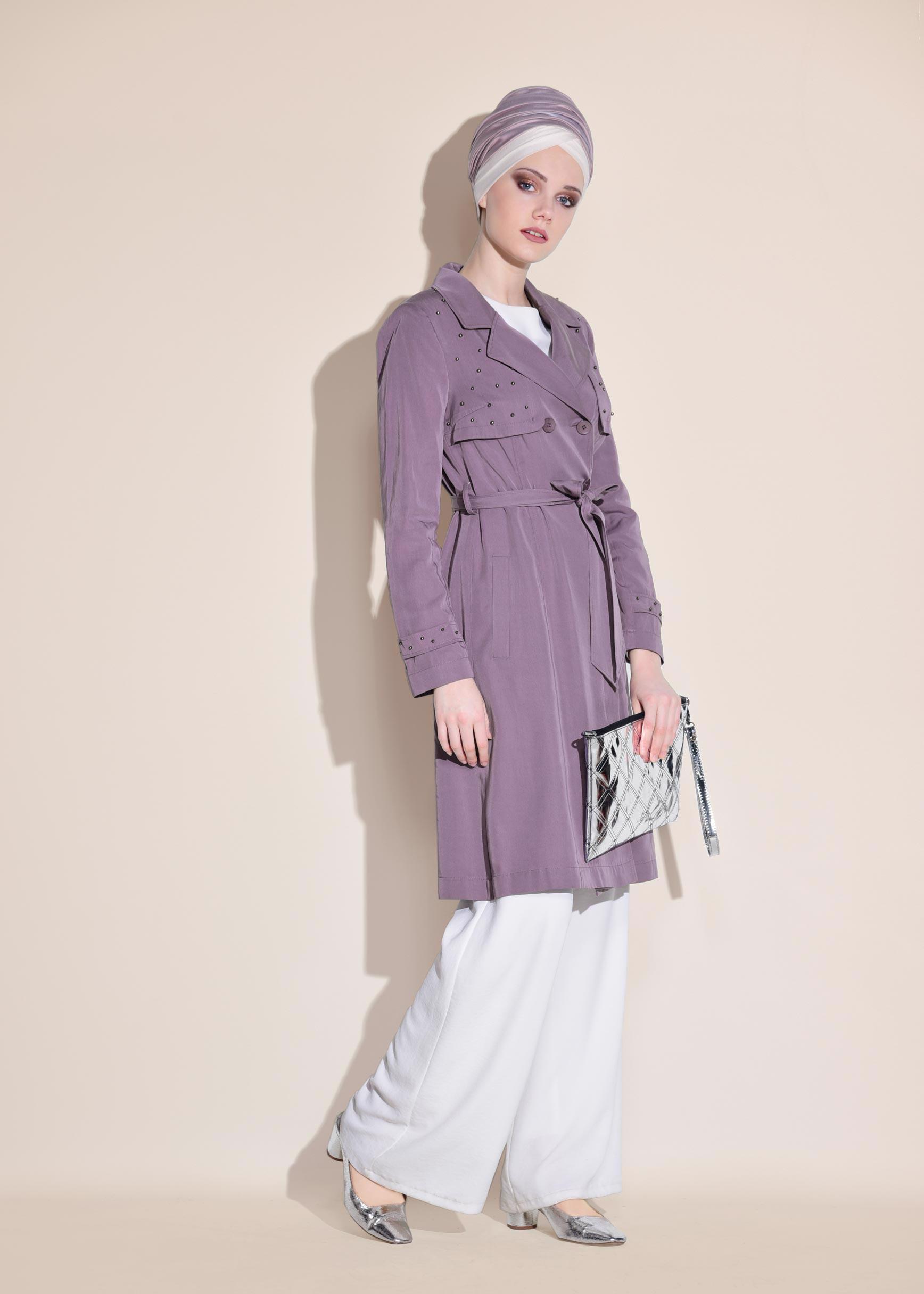 Tesettür giyim MOR İNCİLİ KRUVAZE TRENÇKOT 1207