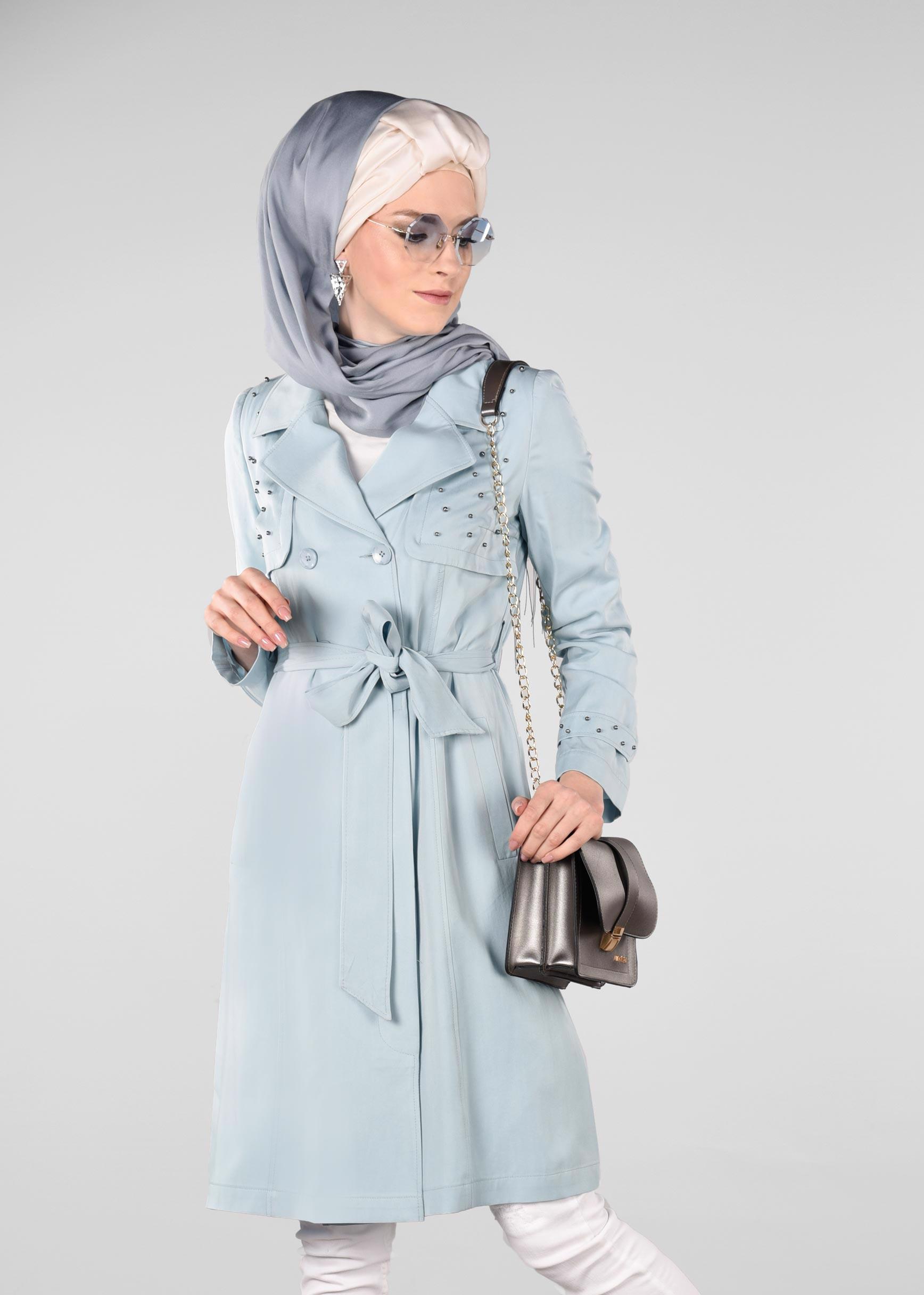 Tesettür giyim MAVİ İNCİLİ KRUVAZE TRENÇKOT 1207