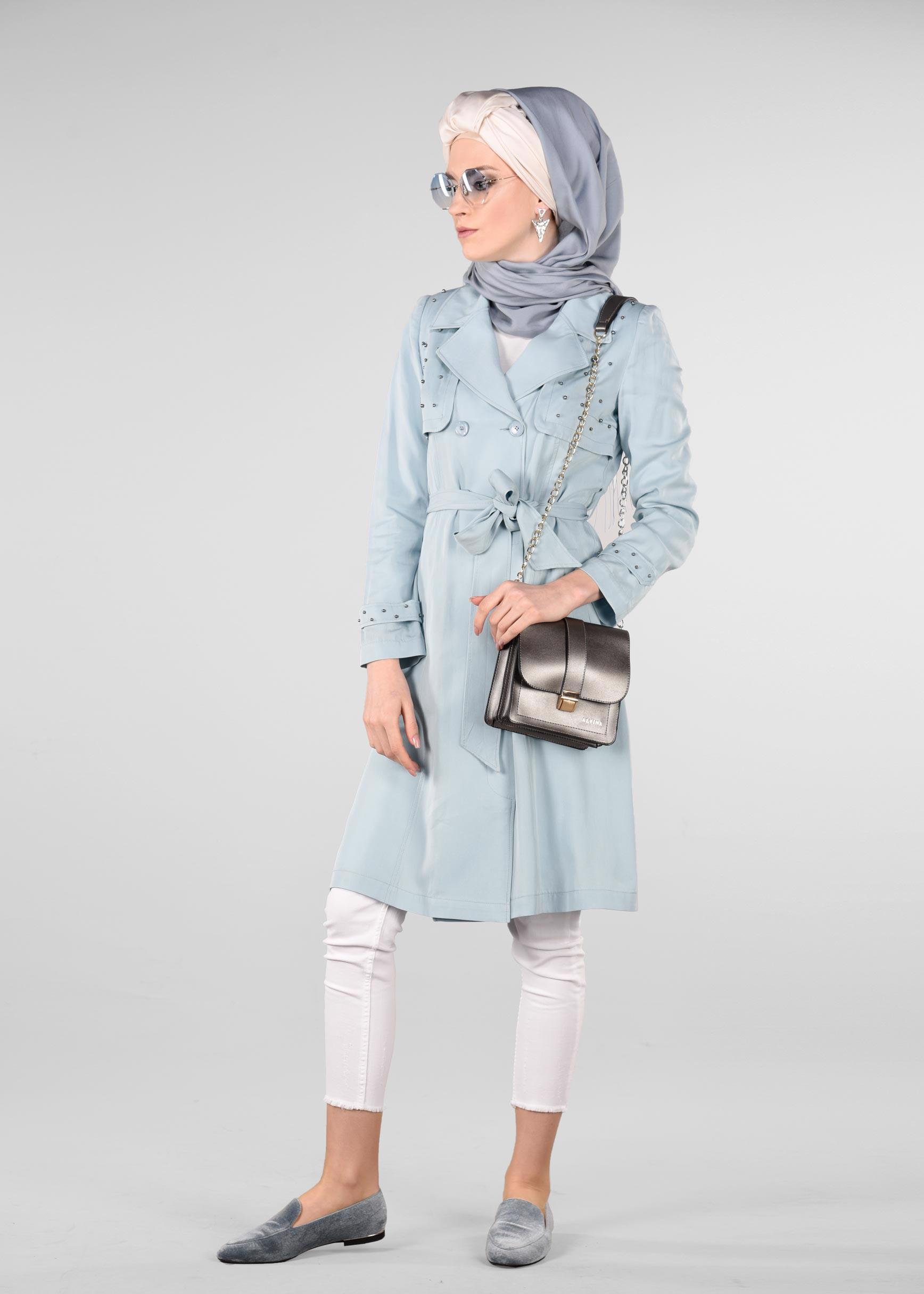 Tesettür giyim MAVİ İNCİLİ KRUVAZE TRENÇKOT 1207