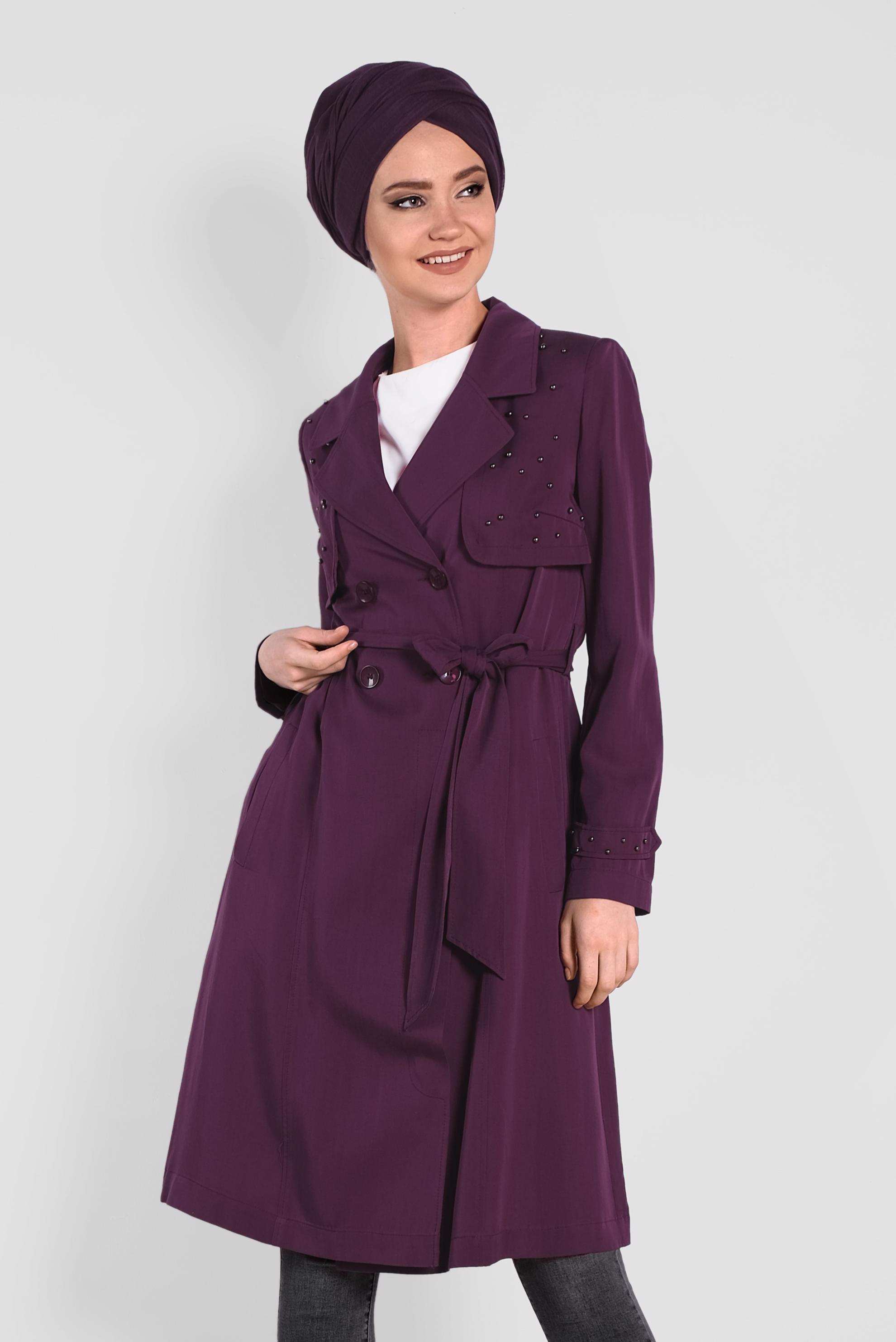 Tesettür giyim MOR İNCİLİ KRUVAZE TRENÇKOT 1207
