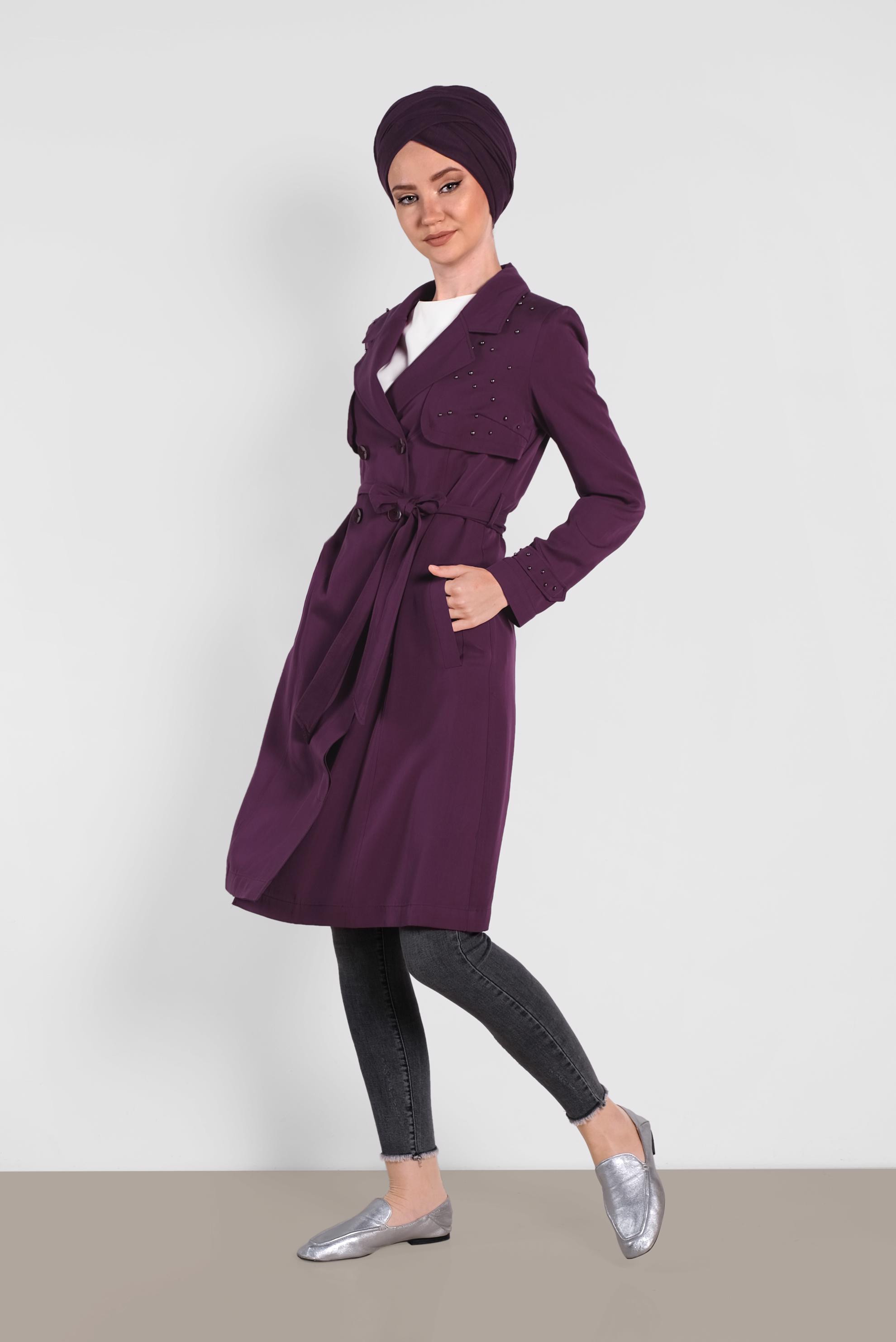 Tesettür giyim MOR İNCİLİ KRUVAZE TRENÇKOT 1207