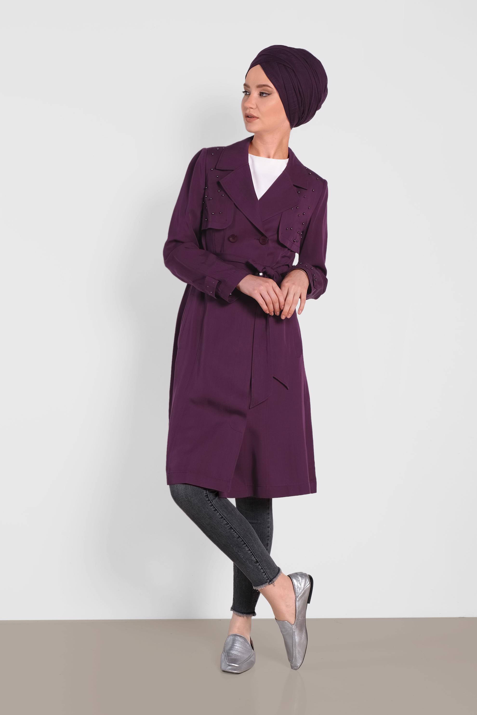 Tesettür giyim MOR İNCİLİ KRUVAZE TRENÇKOT 1207