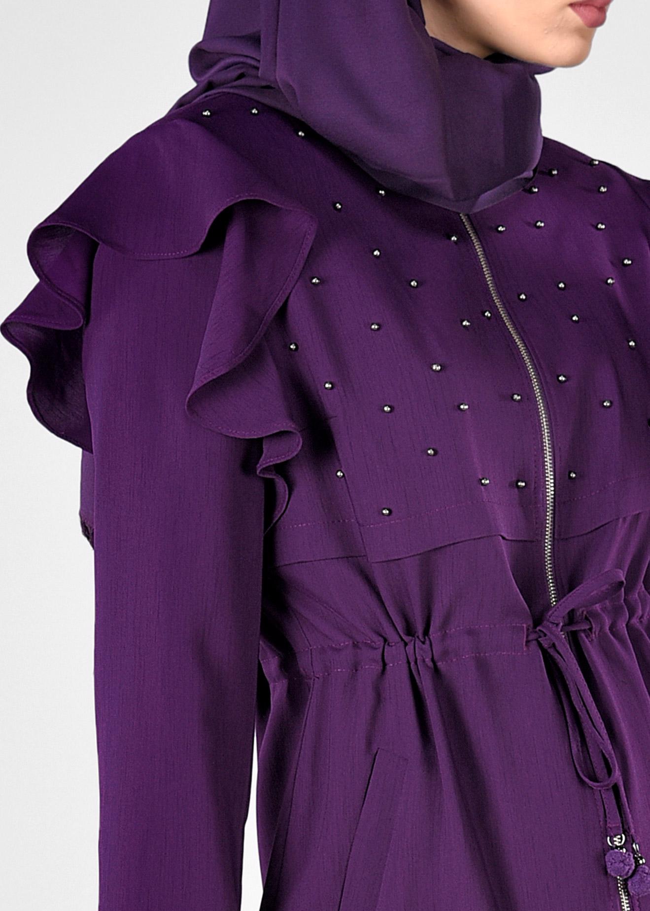 Tesettür giyim MOR OMUZLARI VOLANLI TRENÇKOT 1211