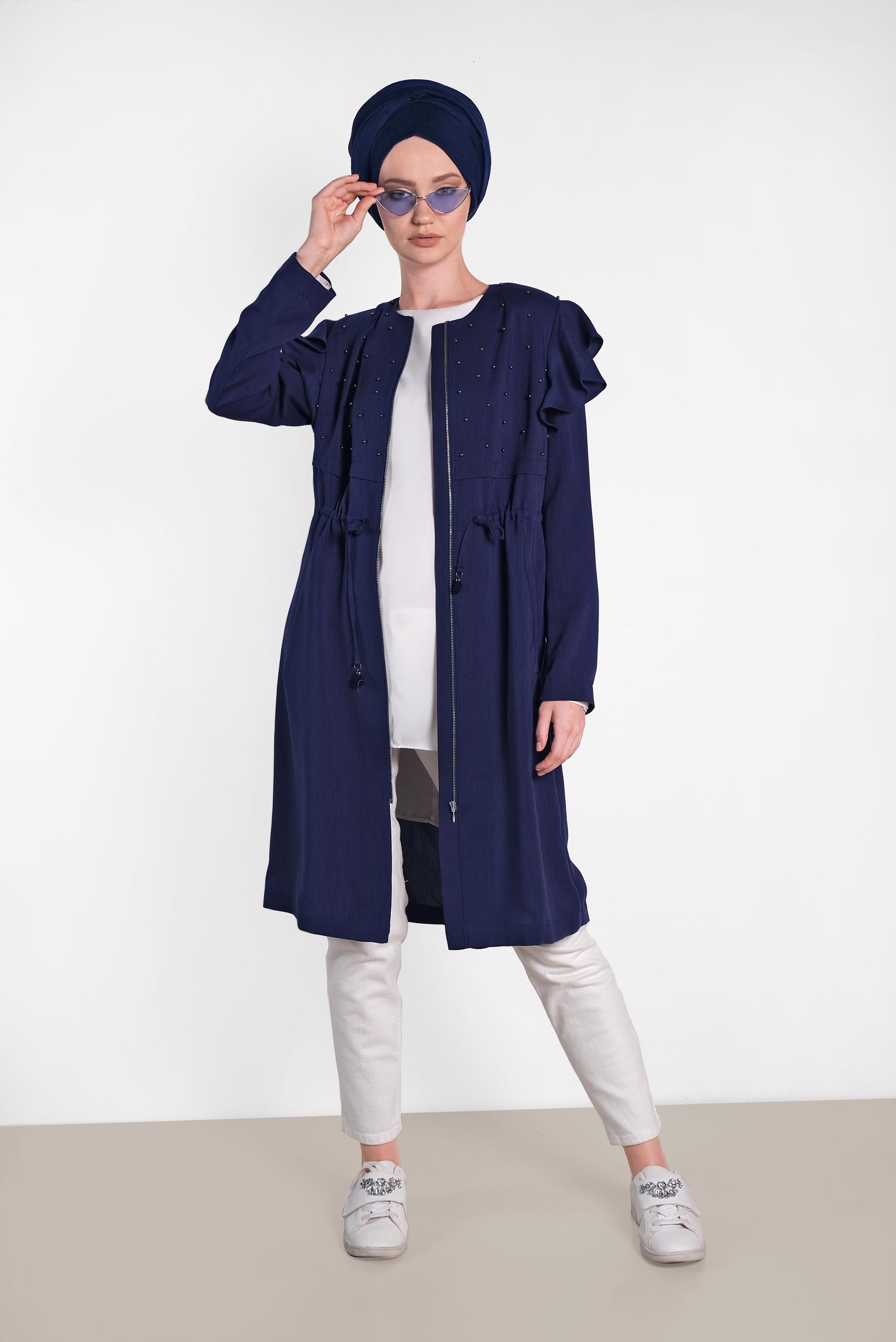 Tesettür giyim LACİVERT OMUZLARI VOLANLI TRENÇKOT 1211