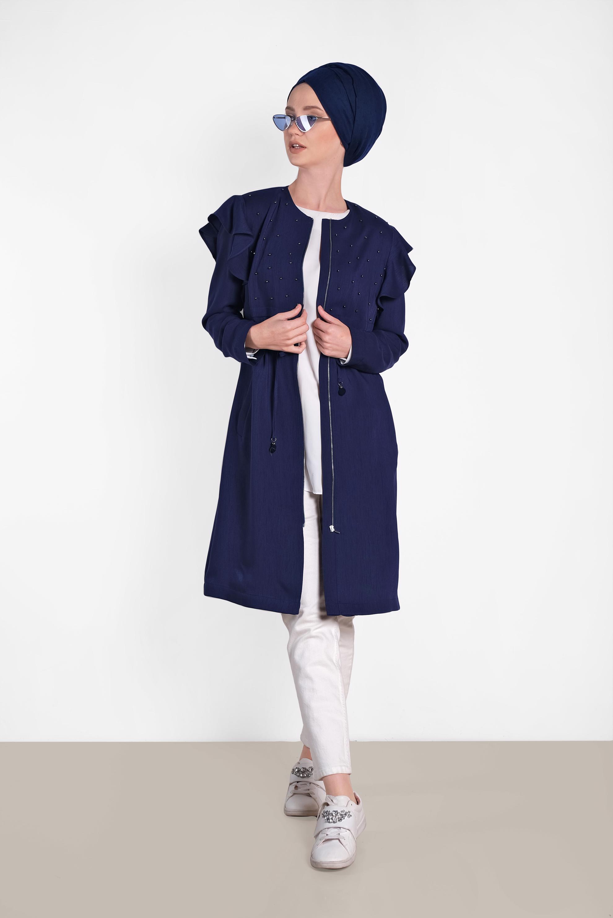 Tesettür giyim LACİVERT OMUZLARI VOLANLI TRENÇKOT 1211