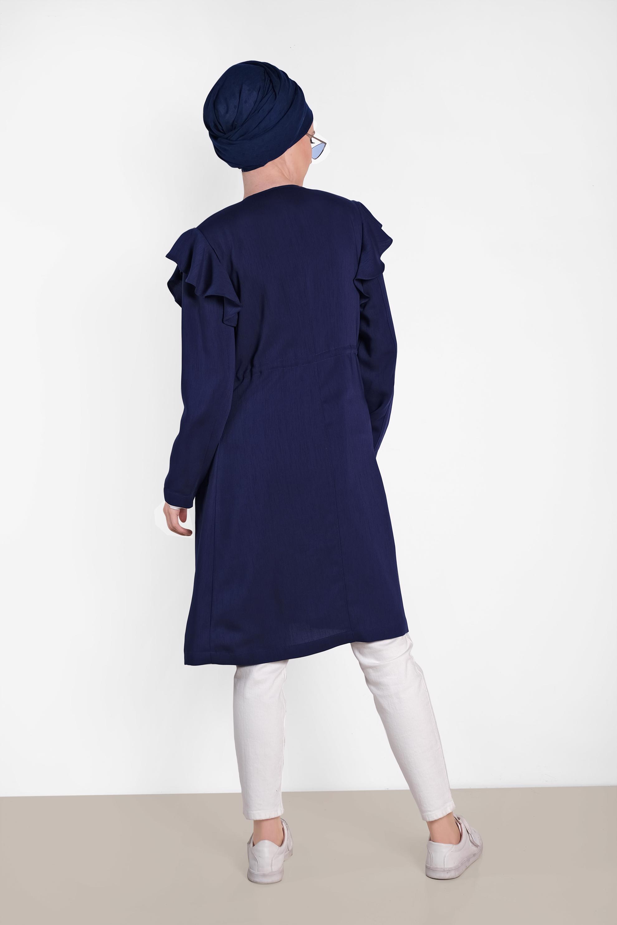 Tesettür giyim LACİVERT OMUZLARI VOLANLI TRENÇKOT 1211