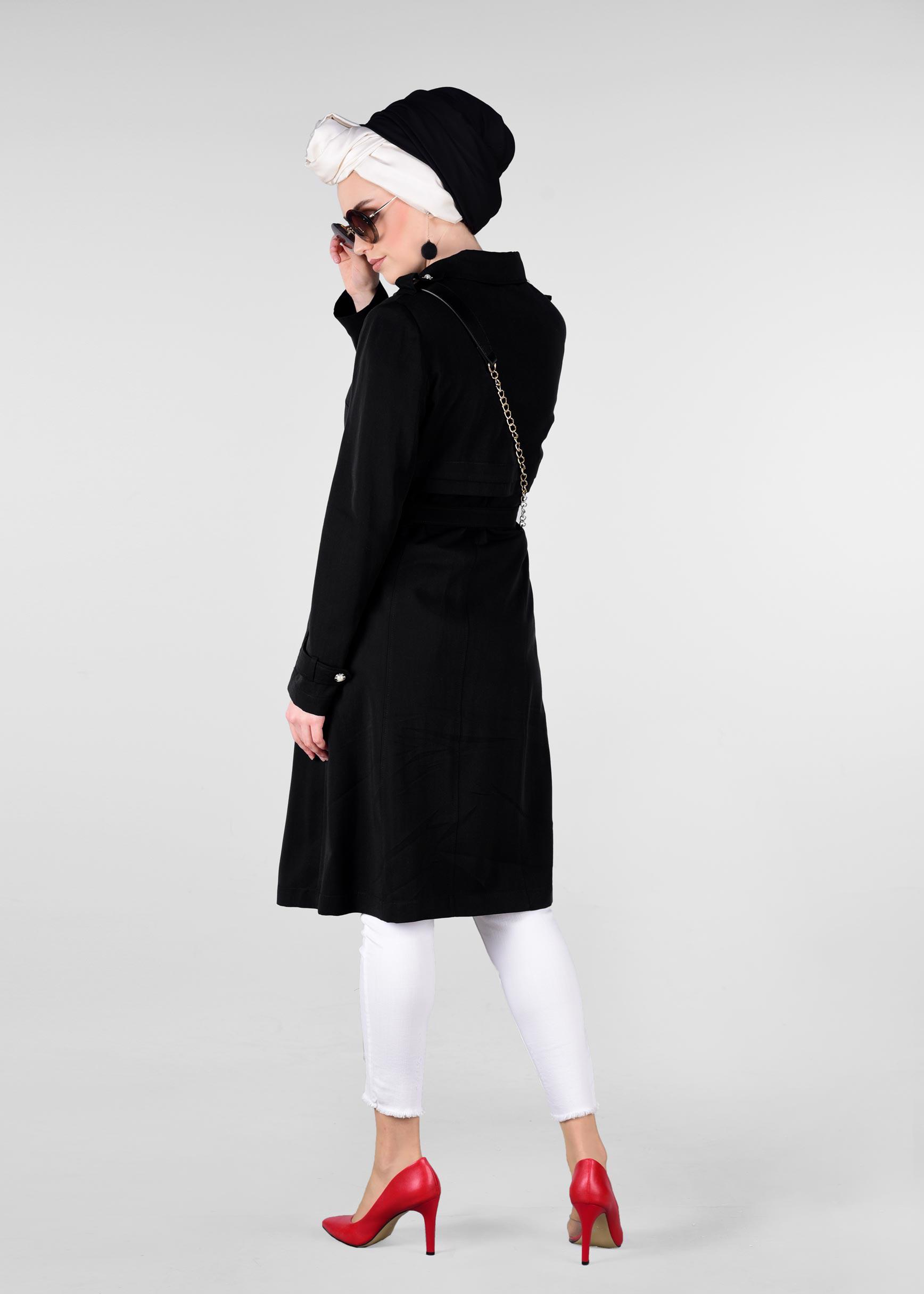 Tesettür giyim SİYAH DÜĞMELİ VE KEMERLİ TENSEL TRENÇKOT 1224