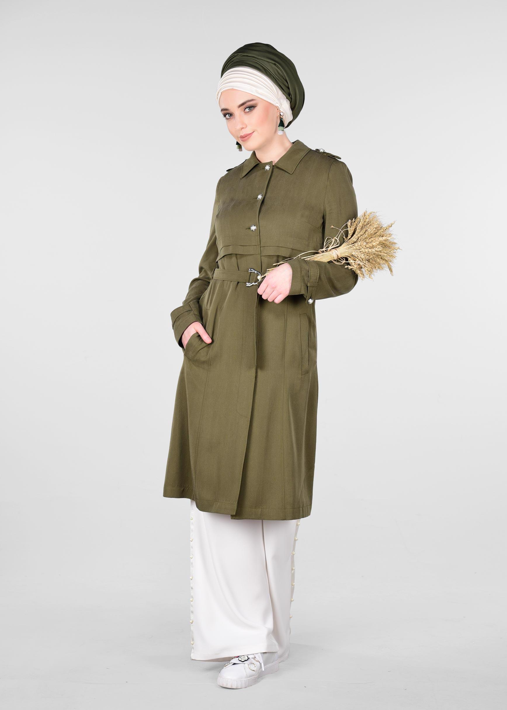 Tesettür giyim HAKİ DÜĞMELİ VE KEMERLİ TENSEL TRENÇKOT 1224