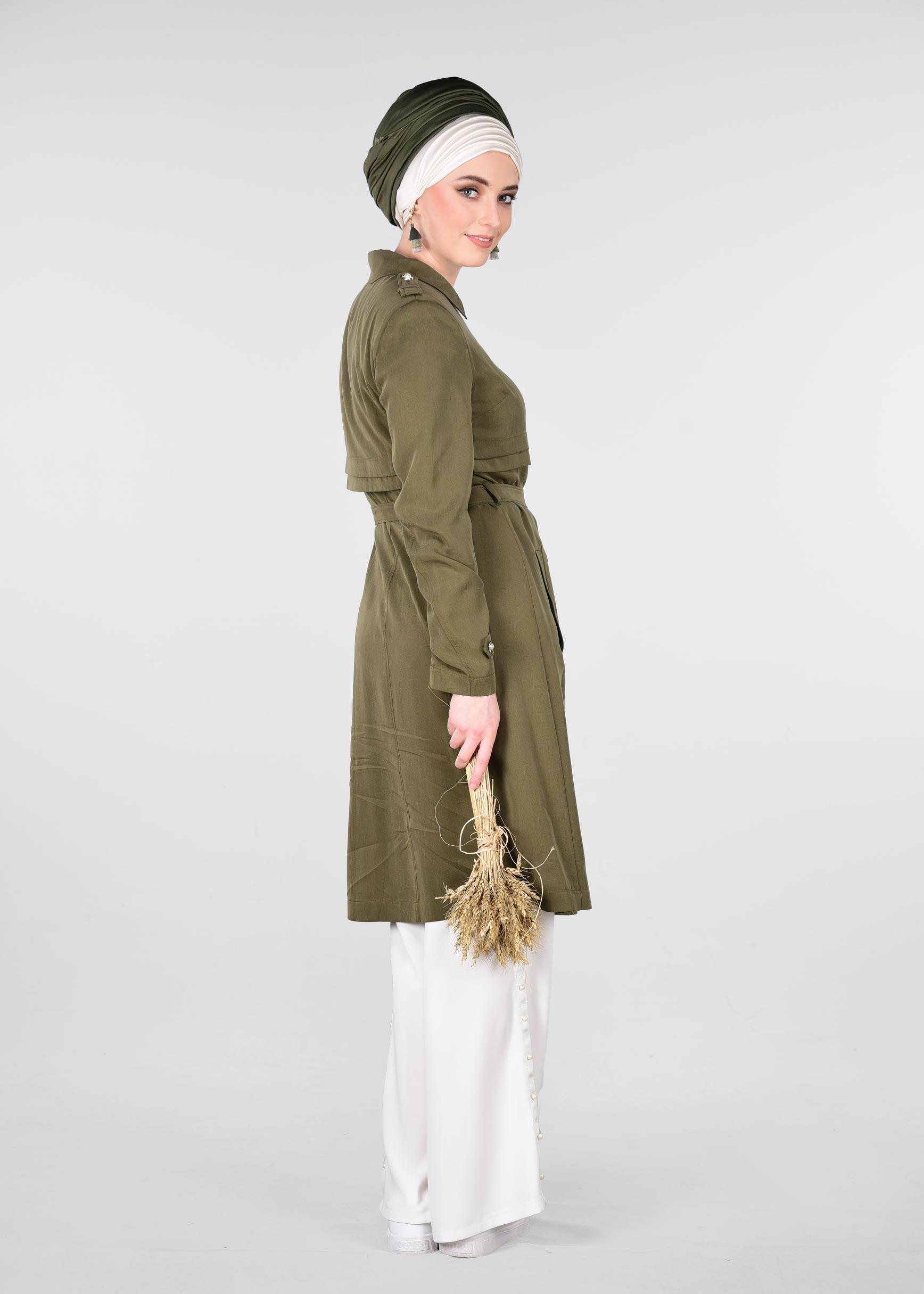 Tesettür giyim HAKİ DÜĞMELİ VE KEMERLİ TENSEL TRENÇKOT 1224