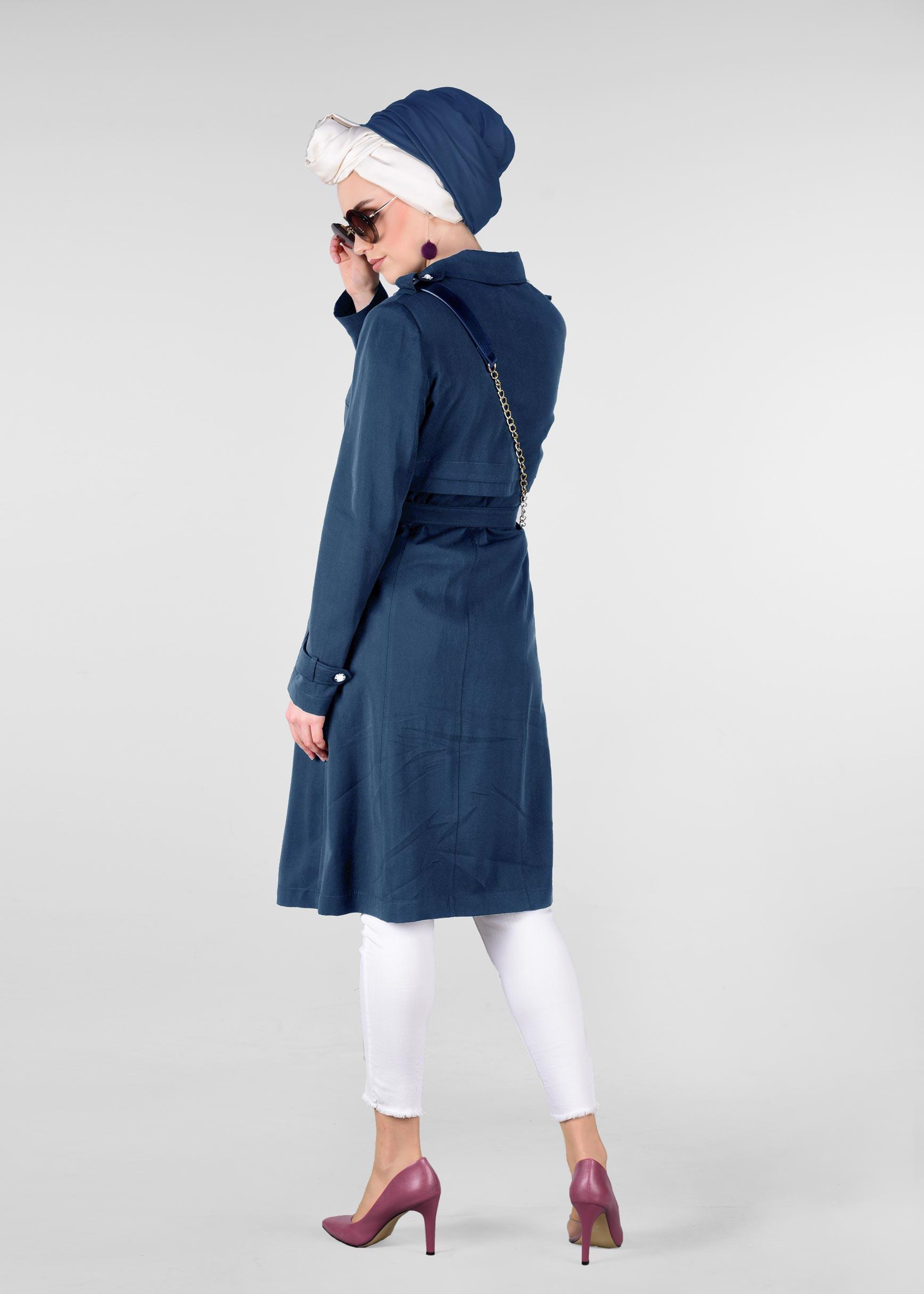 Tesettür giyim LACİVERT DÜĞMELİ VE KEMERLİ TENSEL TRENÇKOT 1224