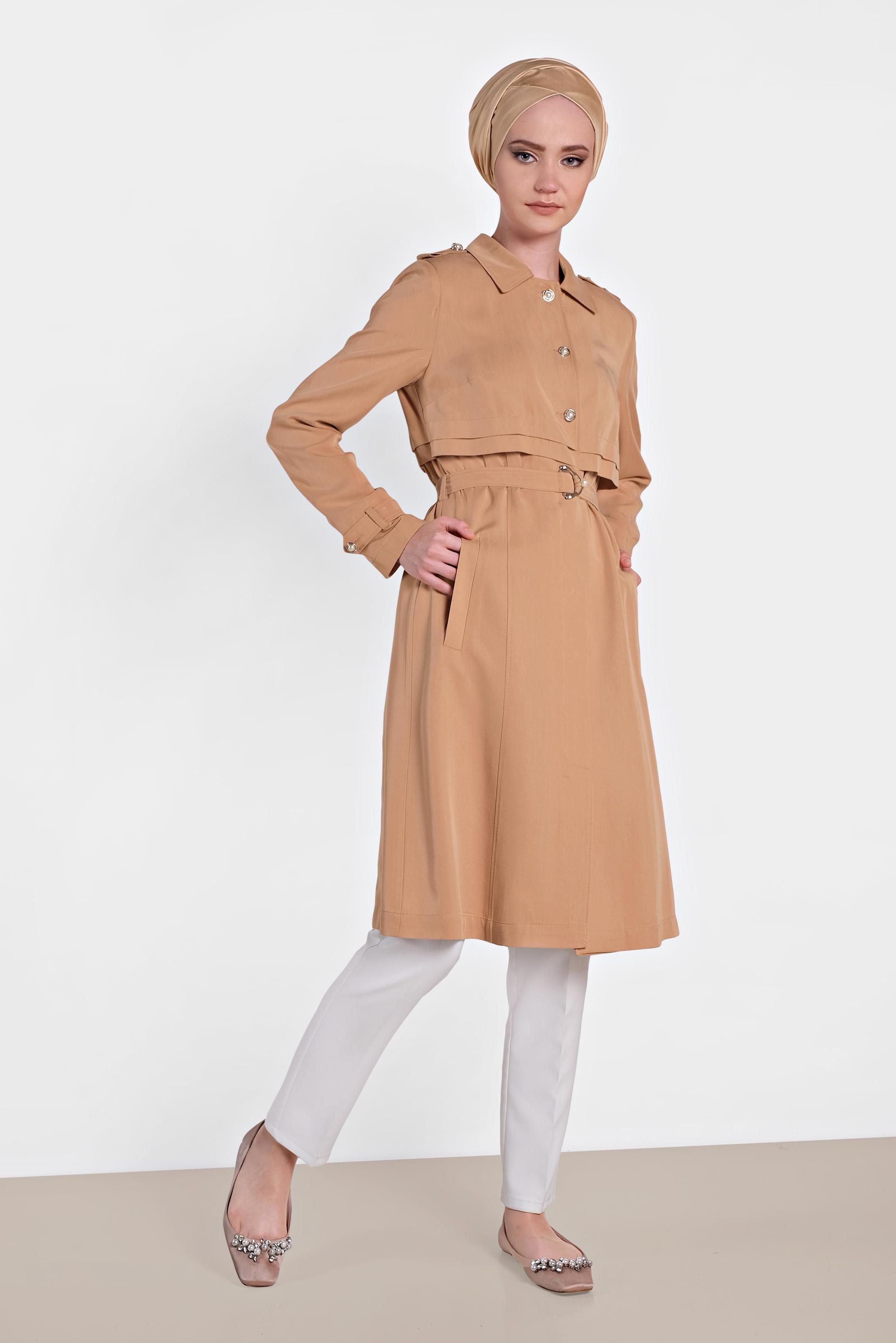 Tesettür giyim PUDRA DÜĞMELİ VE KEMERLİ TENSEL TRENÇKOT 1224