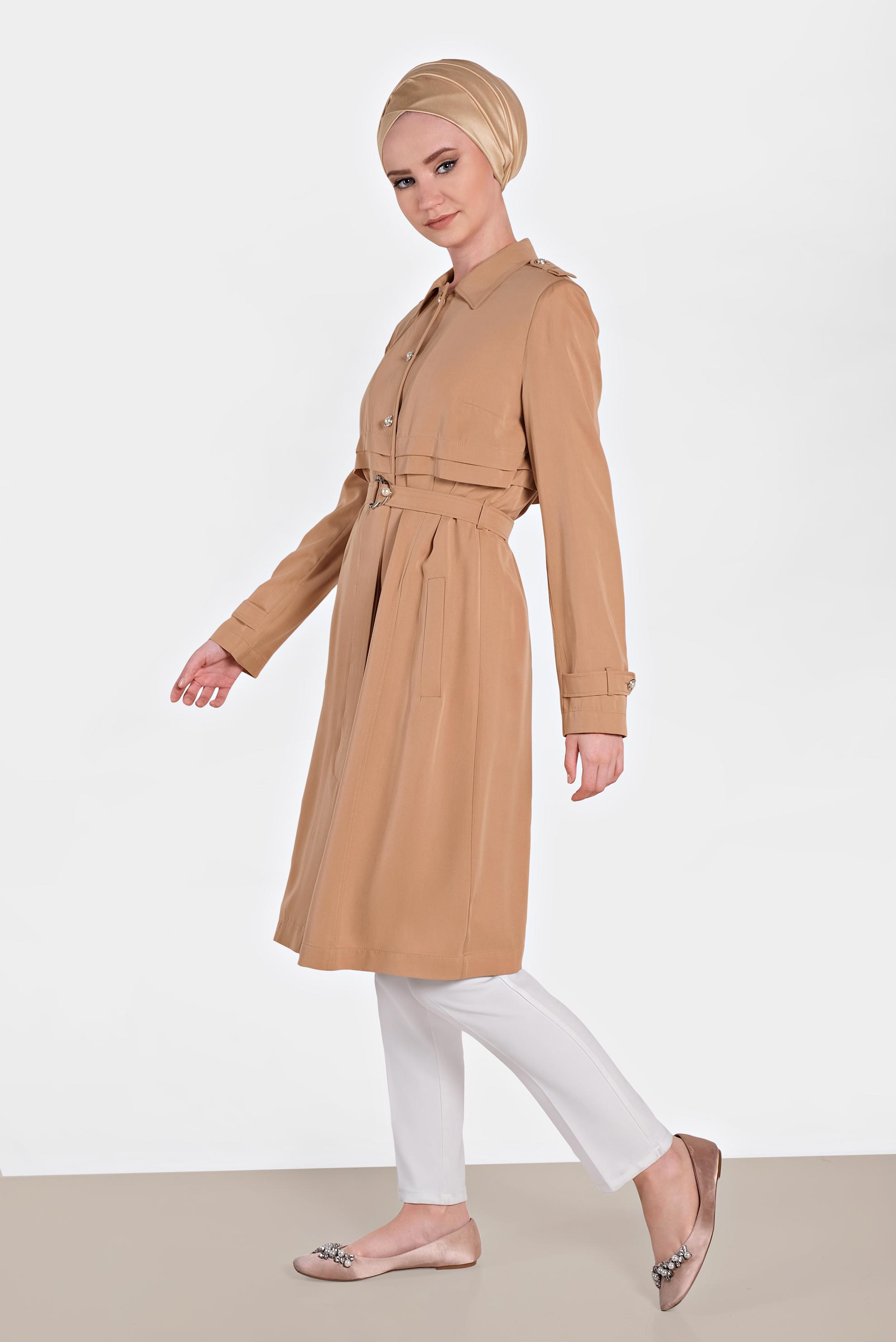Tesettür giyim PUDRA DÜĞMELİ VE KEMERLİ TENSEL TRENÇKOT 1224