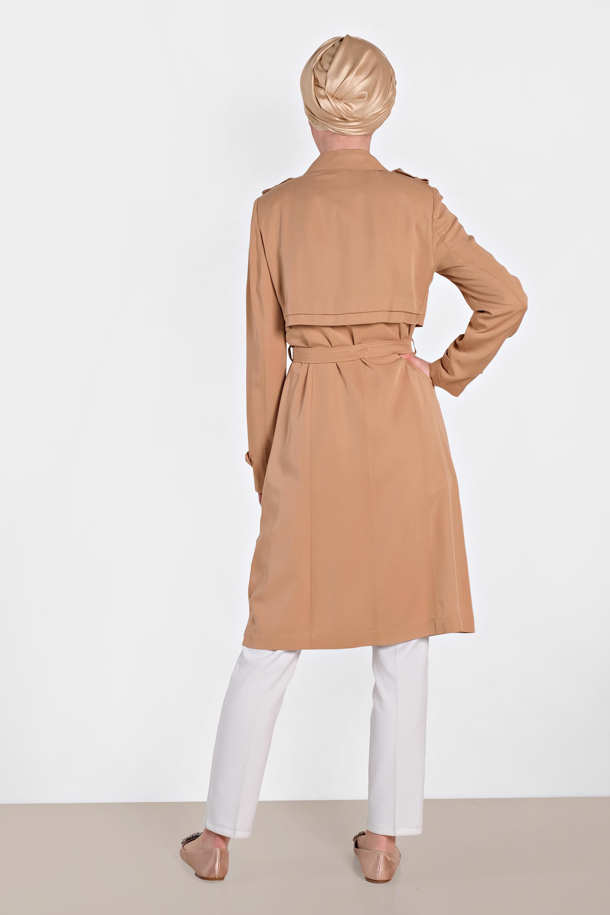 Tesettür giyim PUDRA DÜĞMELİ VE KEMERLİ TENSEL TRENÇKOT 1224