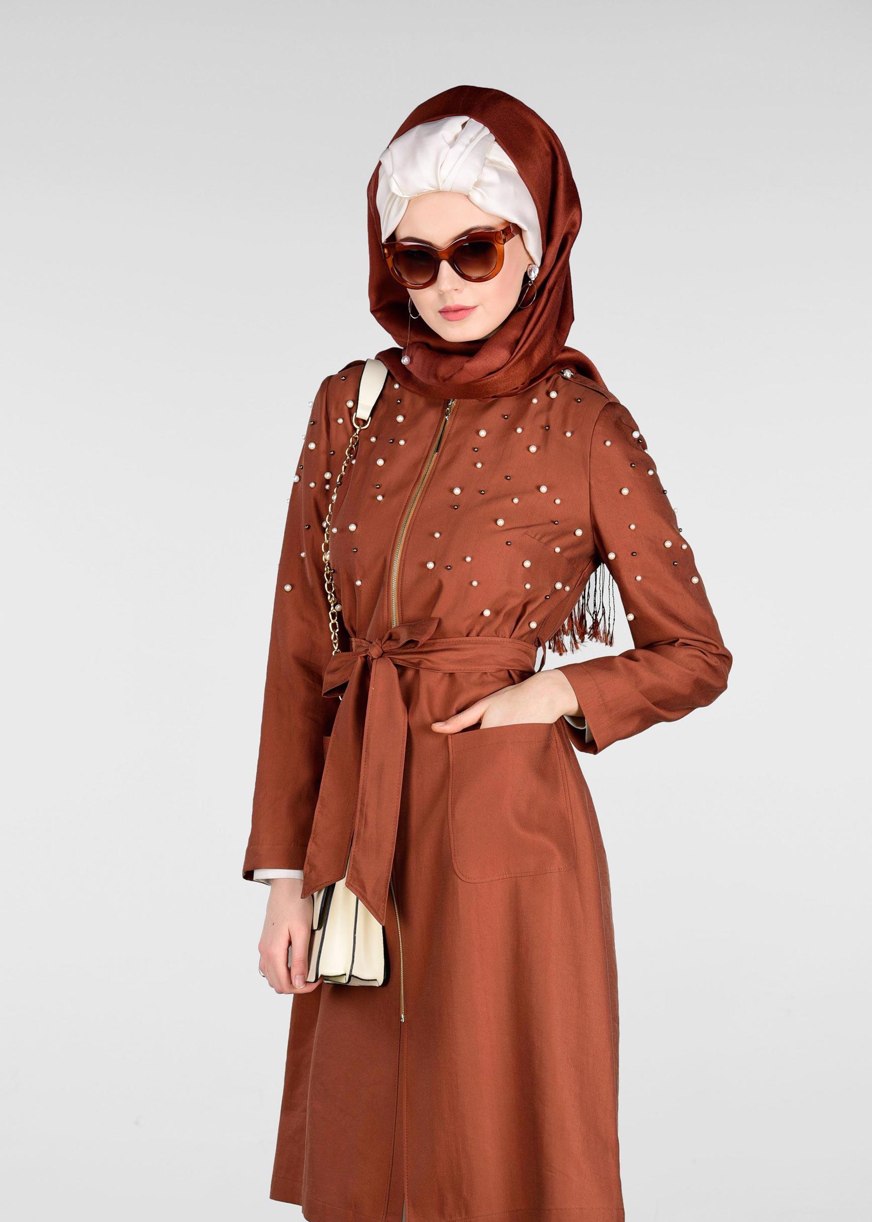 Tesettür giyim TURUNCU İNCİLİ FERMUARLI TRENÇKOT 1225