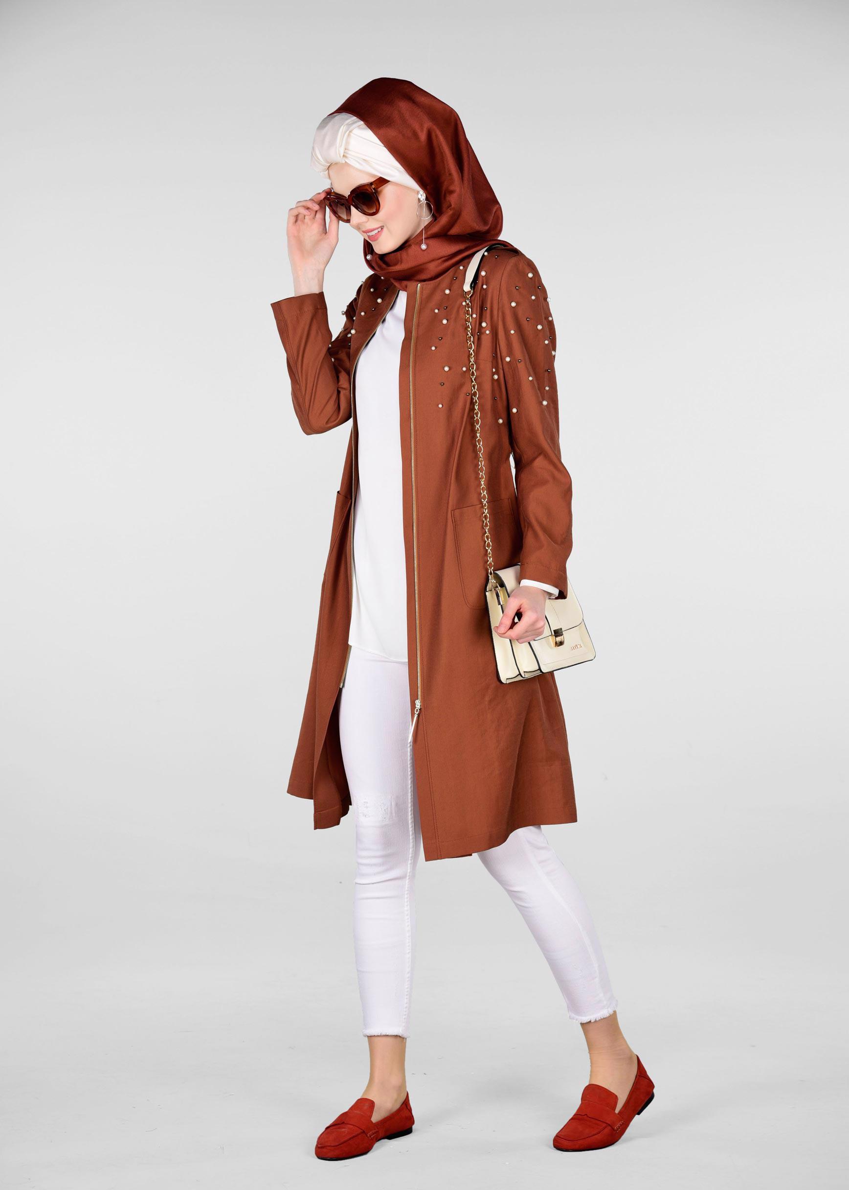 Tesettür giyim TURUNCU İNCİLİ FERMUARLI TRENÇKOT 1225