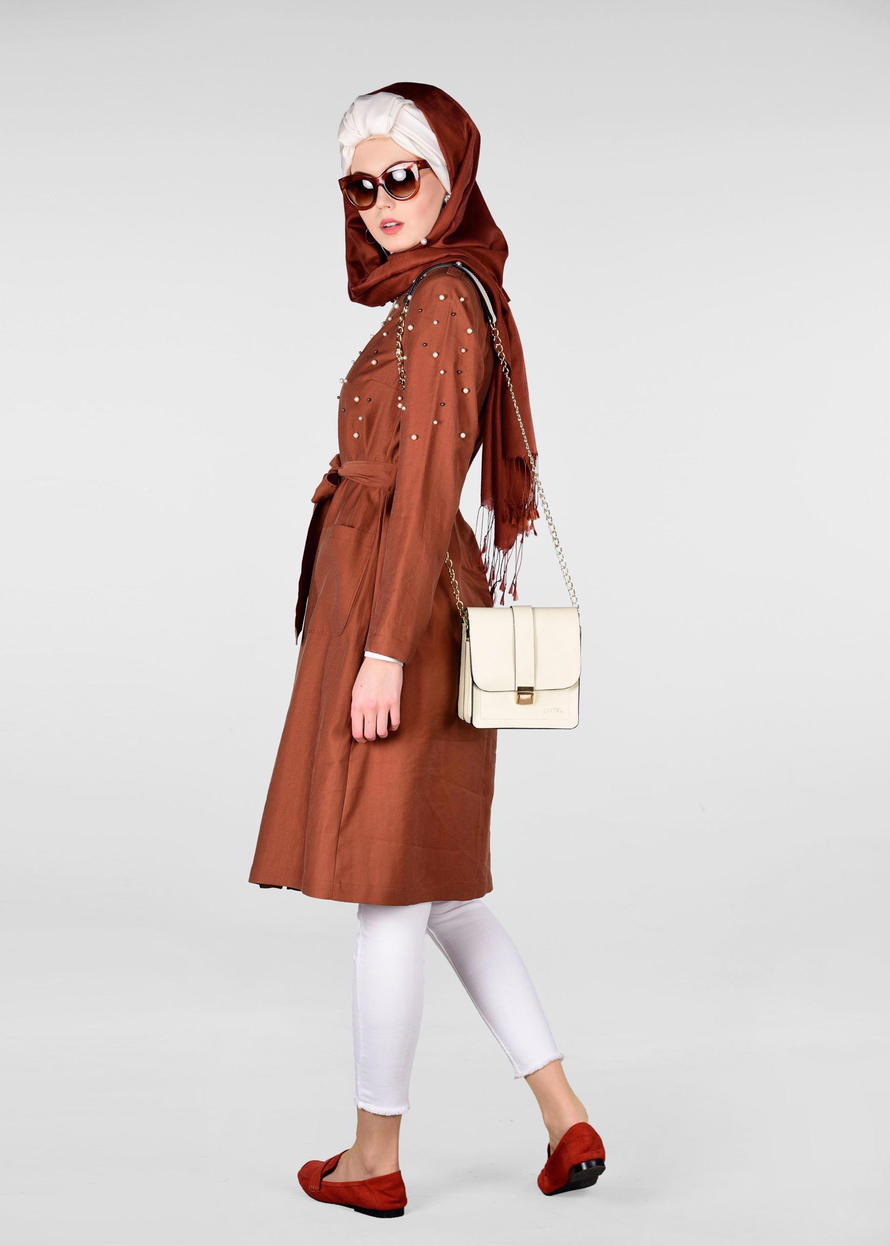 Tesettür giyim TURUNCU İNCİLİ FERMUARLI TRENÇKOT 1225