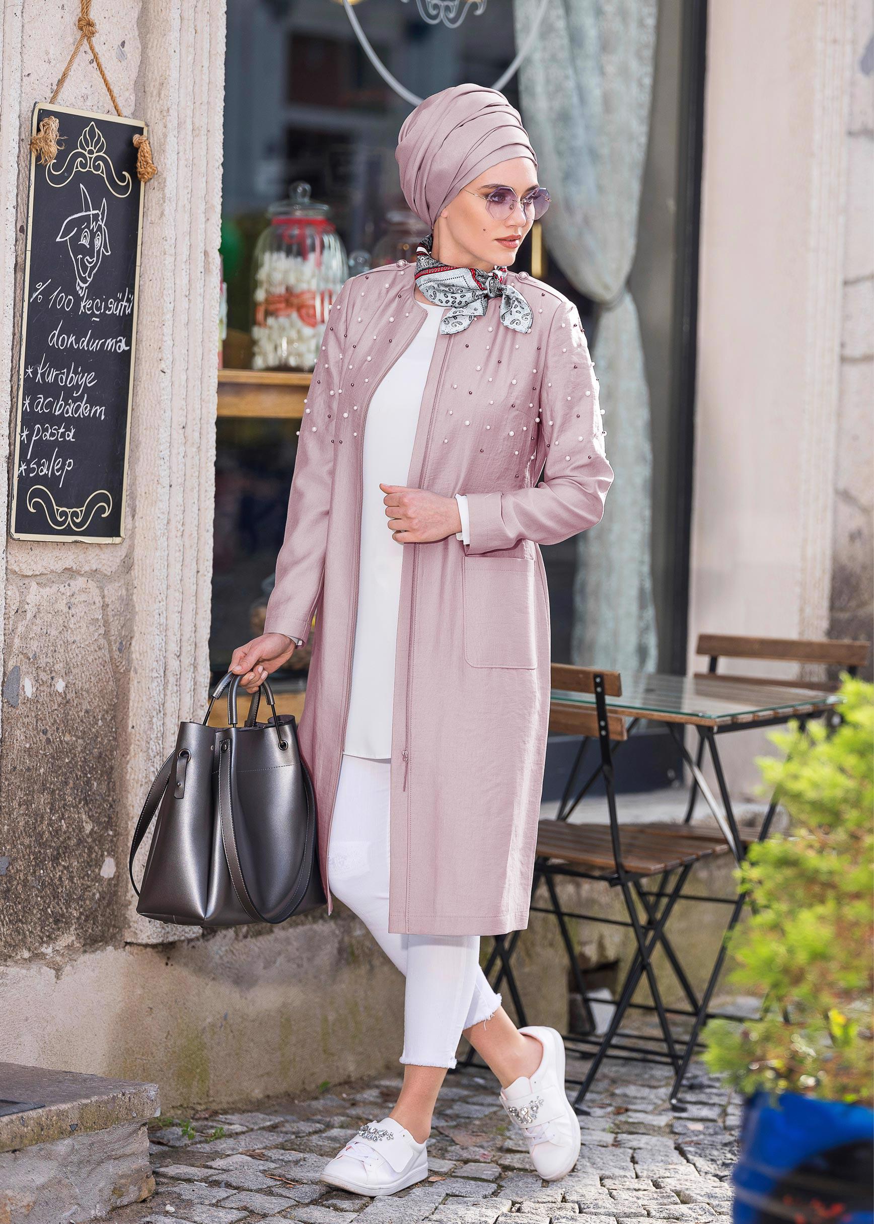 Tesettür giyim PUDRA İNCİLİ FERMUARLI TRENÇKOT 1225