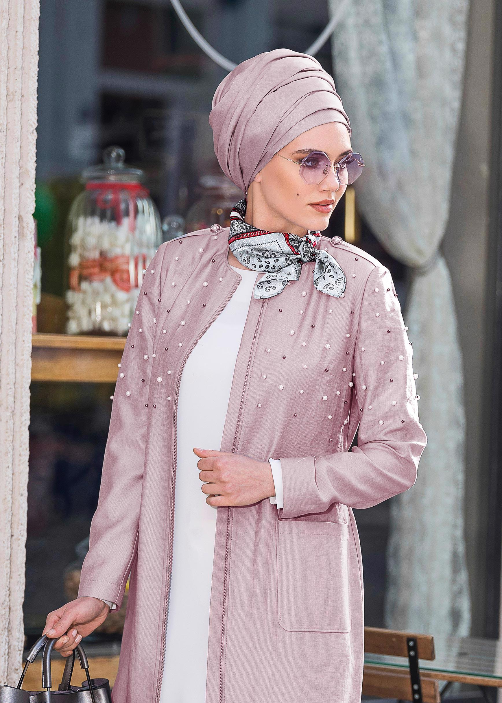 Tesettür giyim PUDRA İNCİLİ FERMUARLI TRENÇKOT 1225