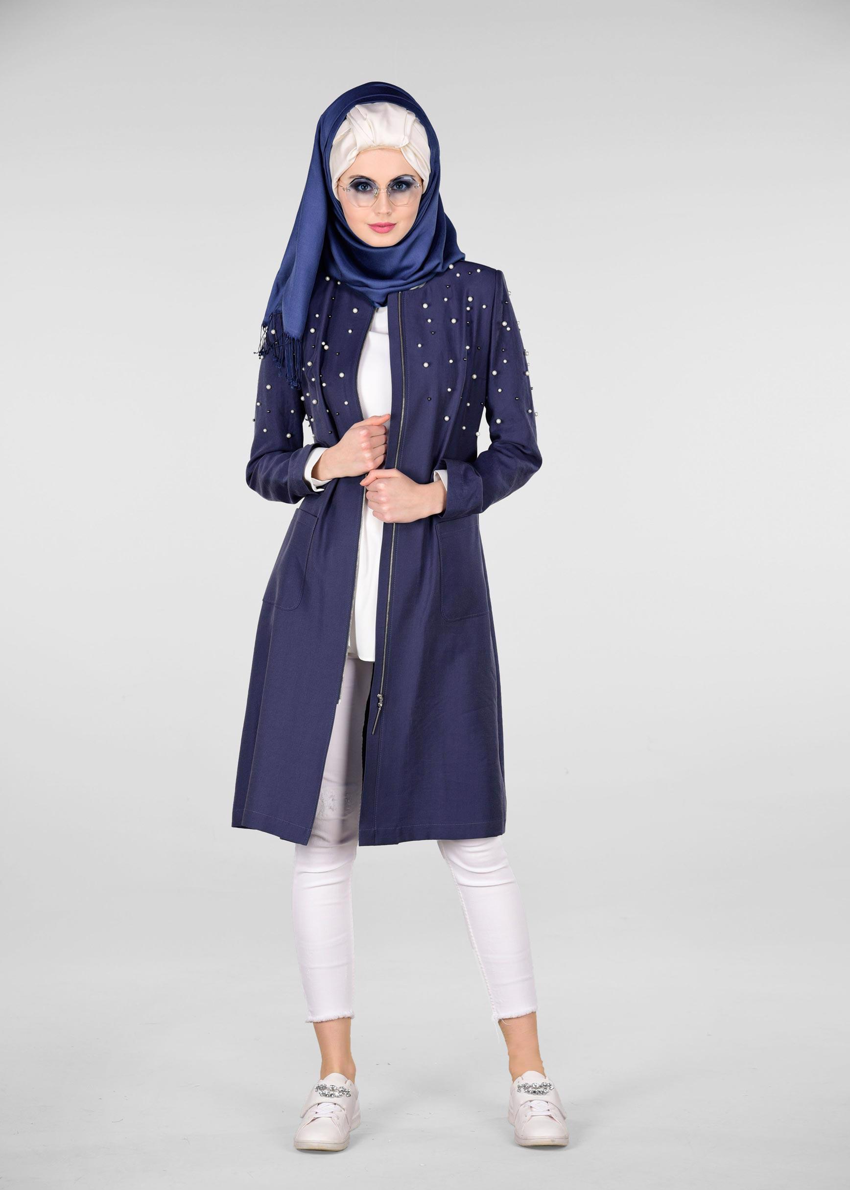 Tesettür giyim LACİVERT İNCİLİ FERMUARLI TRENÇKOT 1225