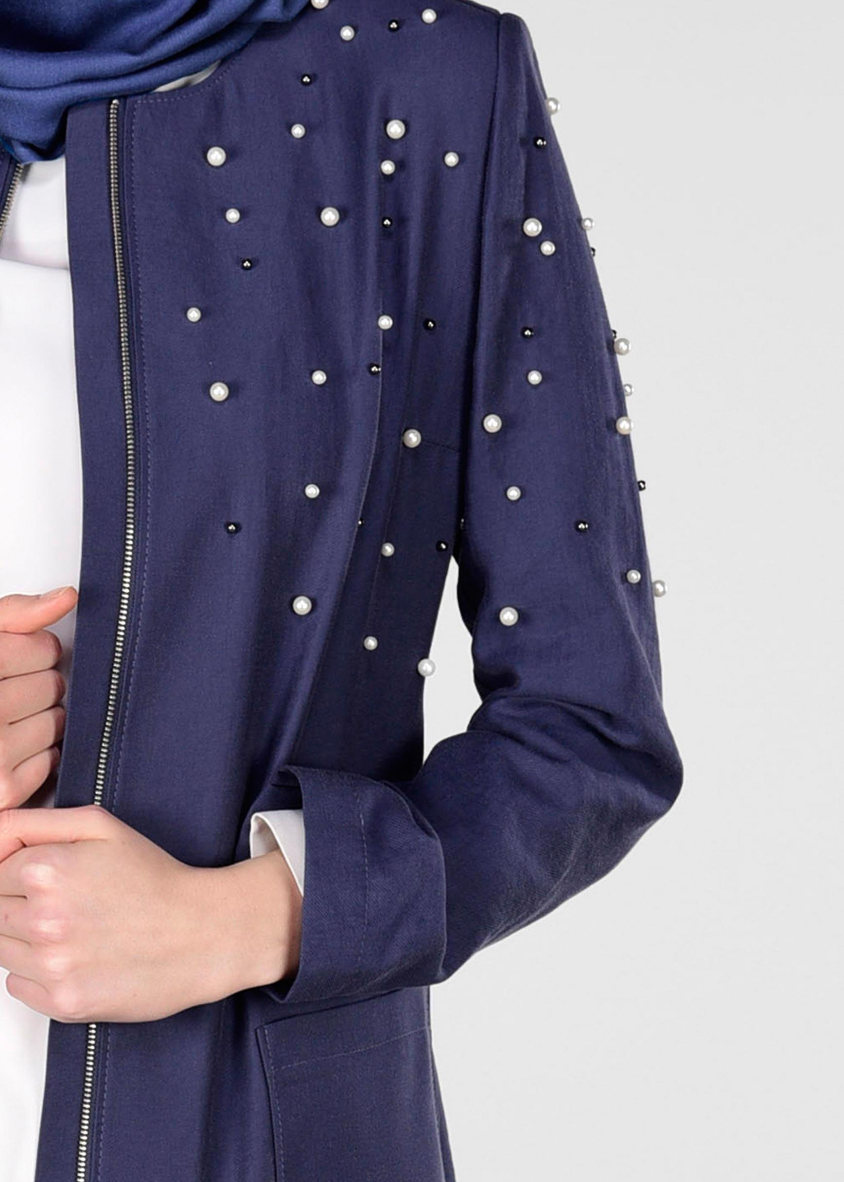 Tesettür giyim LACİVERT İNCİLİ FERMUARLI TRENÇKOT 1225