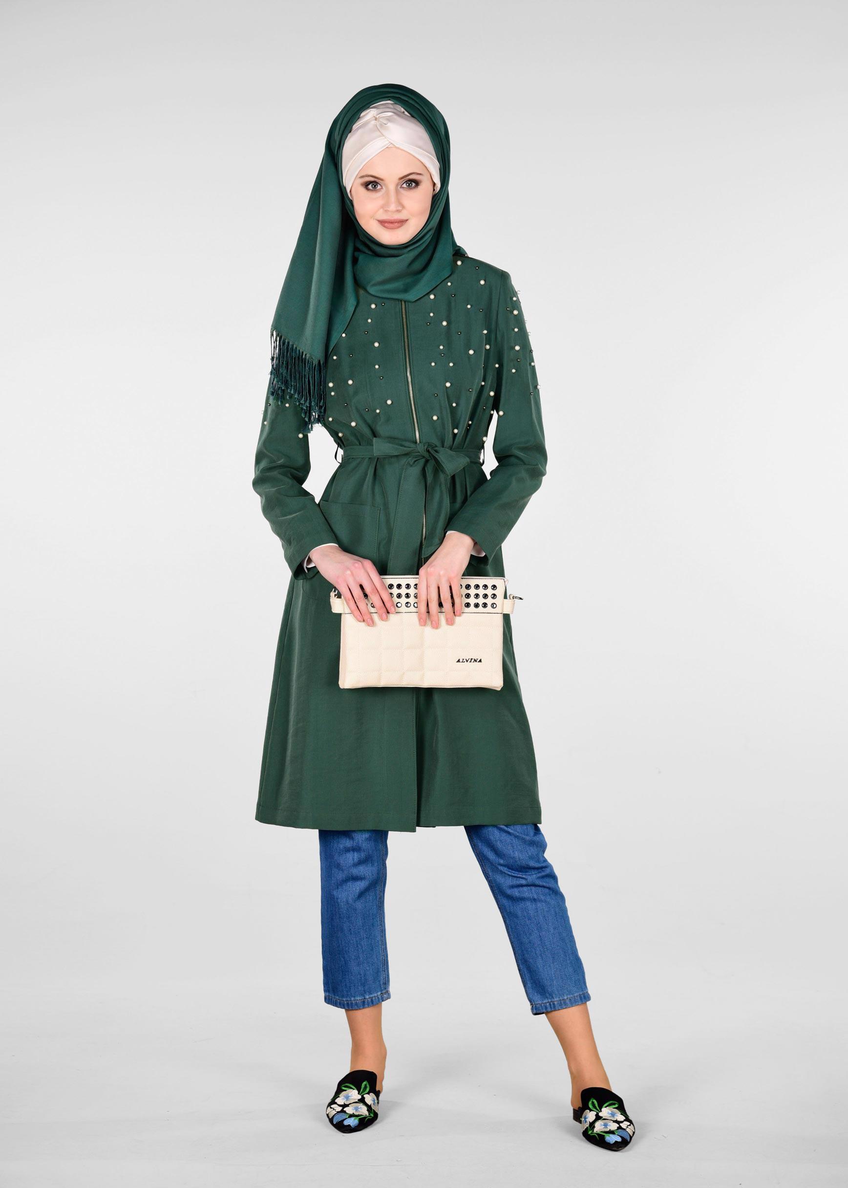 Tesettür giyim YEŞİL İNCİLİ FERMUARLI TRENÇKOT 1225