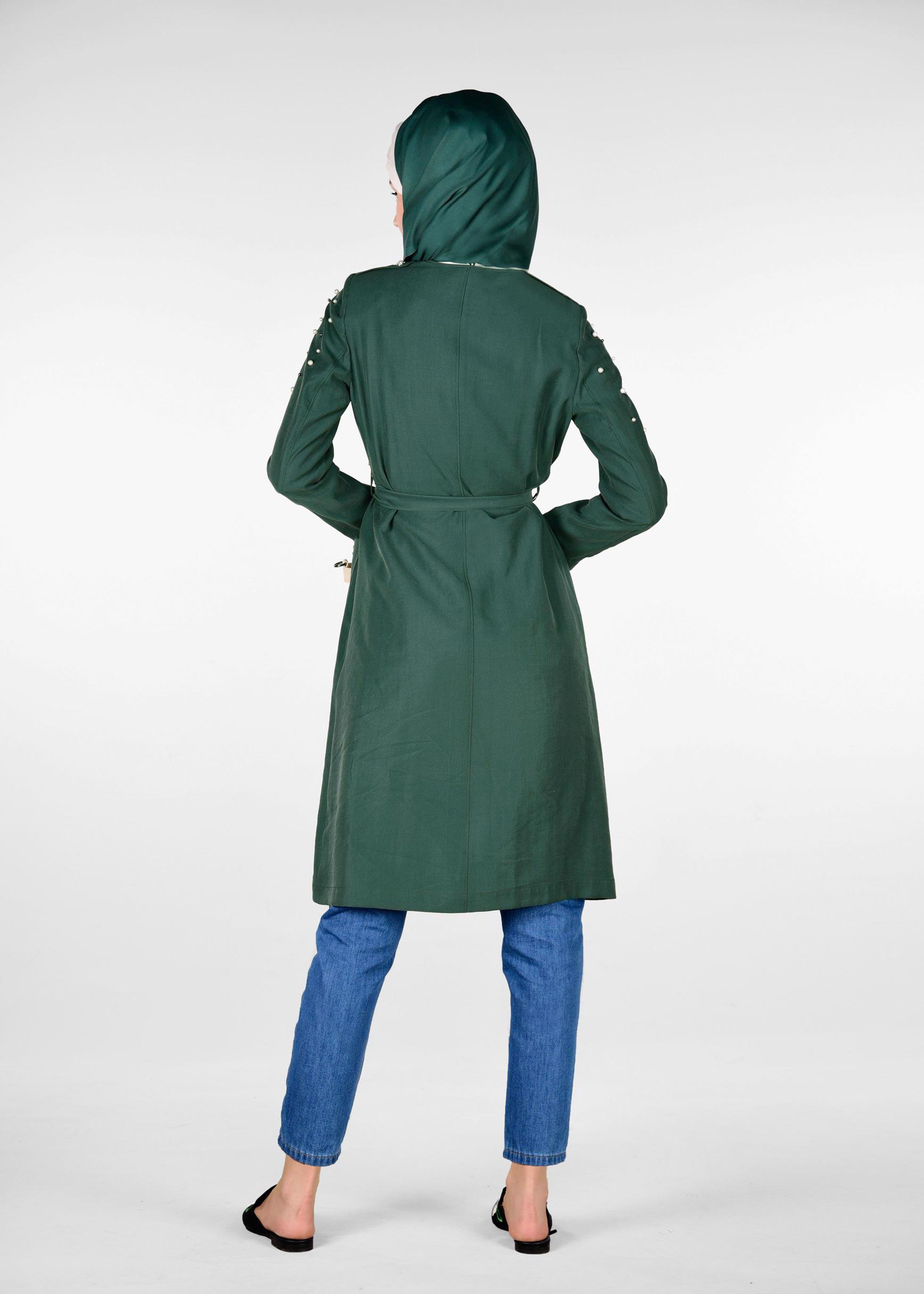 Tesettür giyim YEŞİL İNCİLİ FERMUARLI TRENÇKOT 1225