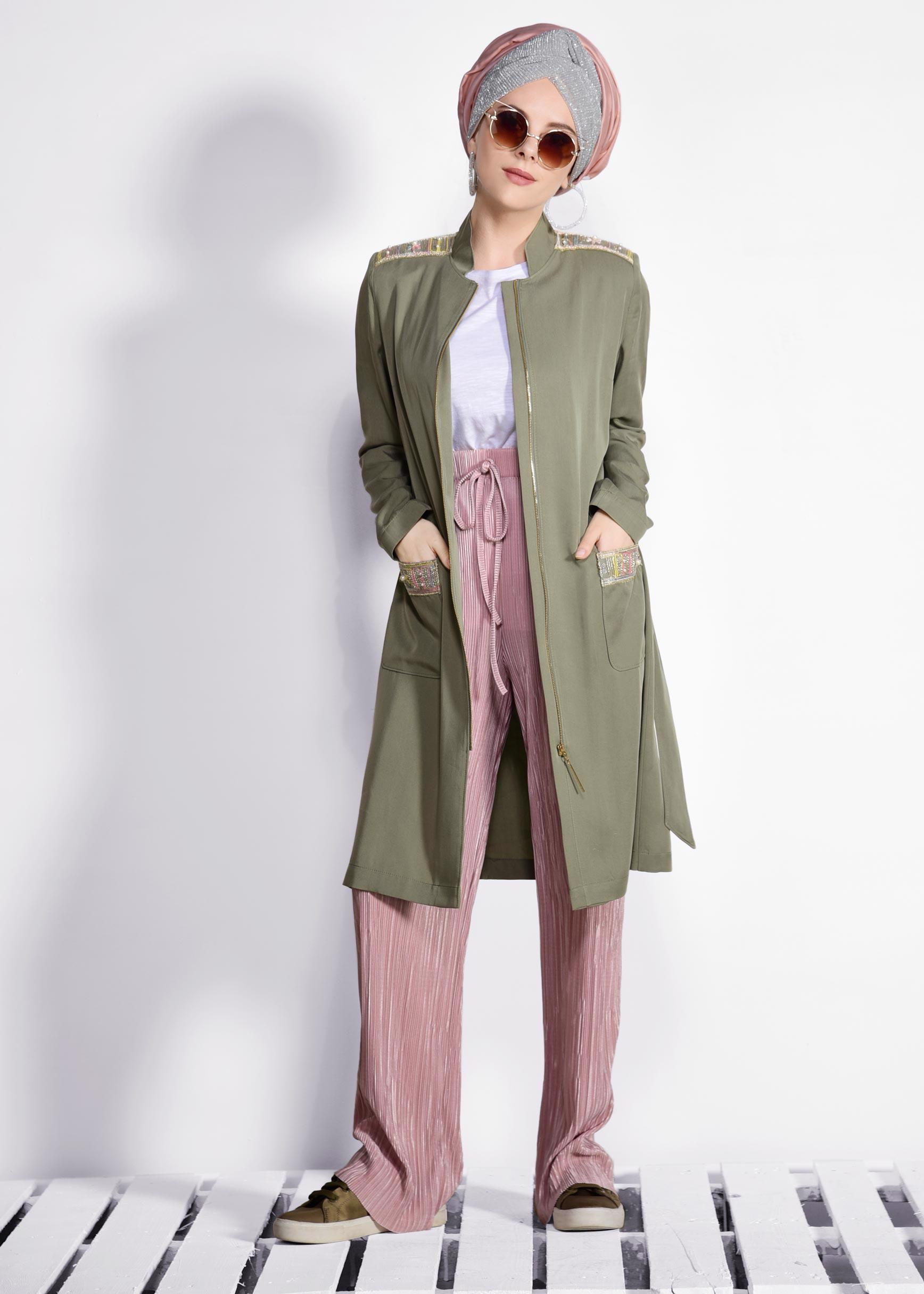 Tesettür giyim HAKİ HAKİM YAKA FERMUARLI TRENÇKOT 1226