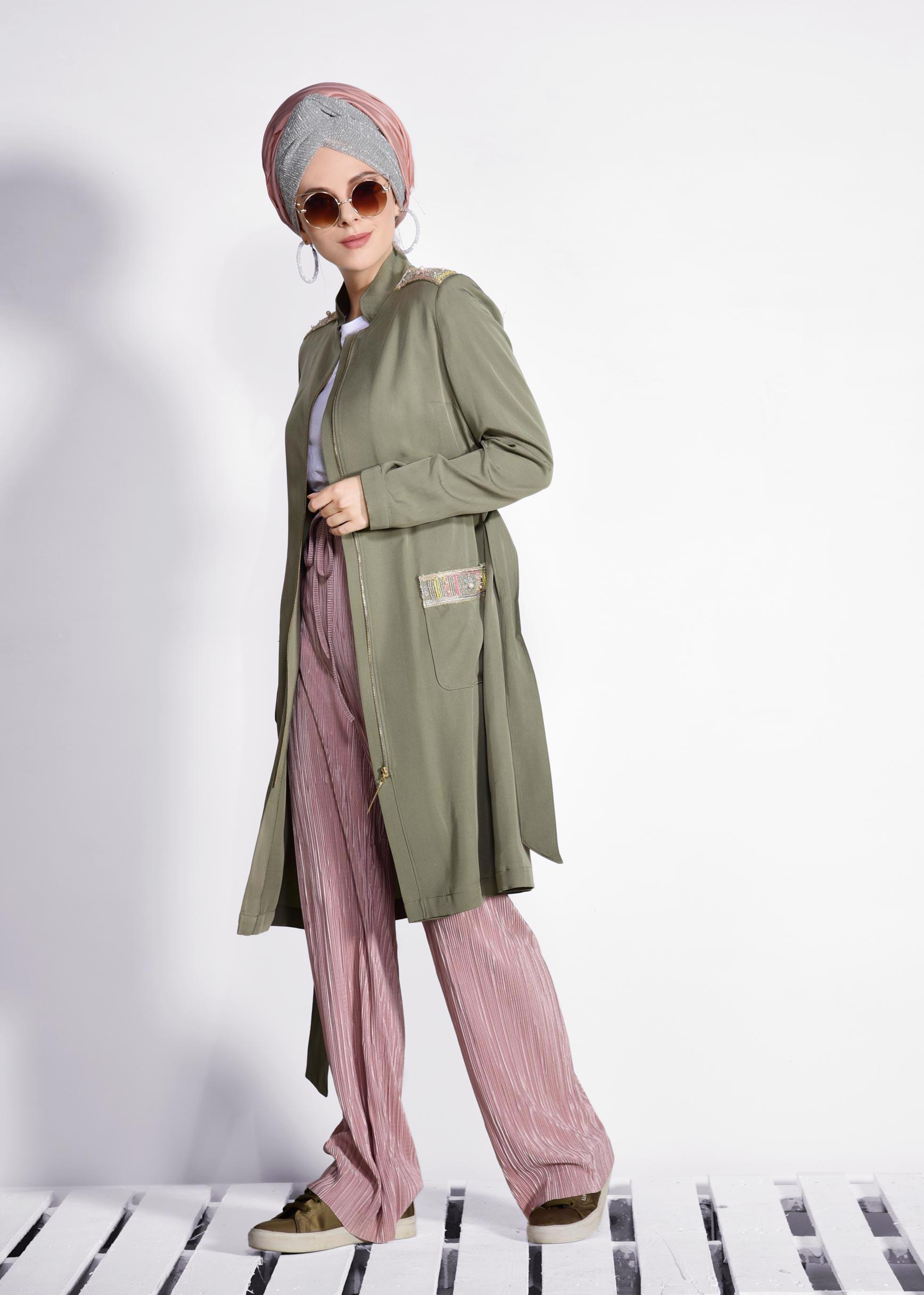 Tesettür giyim HAKİ HAKİM YAKA FERMUARLI TRENÇKOT 1226