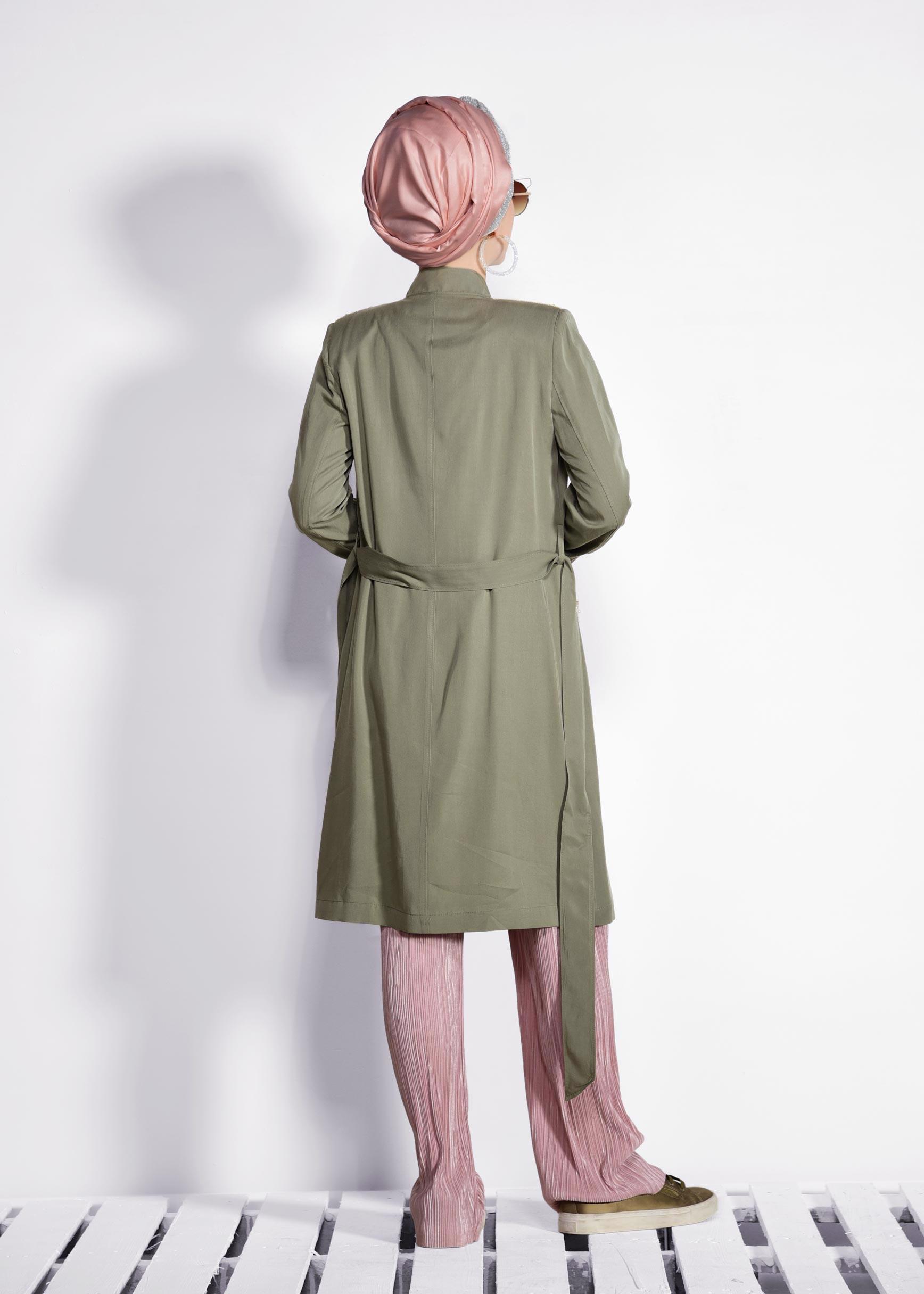 Tesettür giyim HAKİ HAKİM YAKA FERMUARLI TRENÇKOT 1226