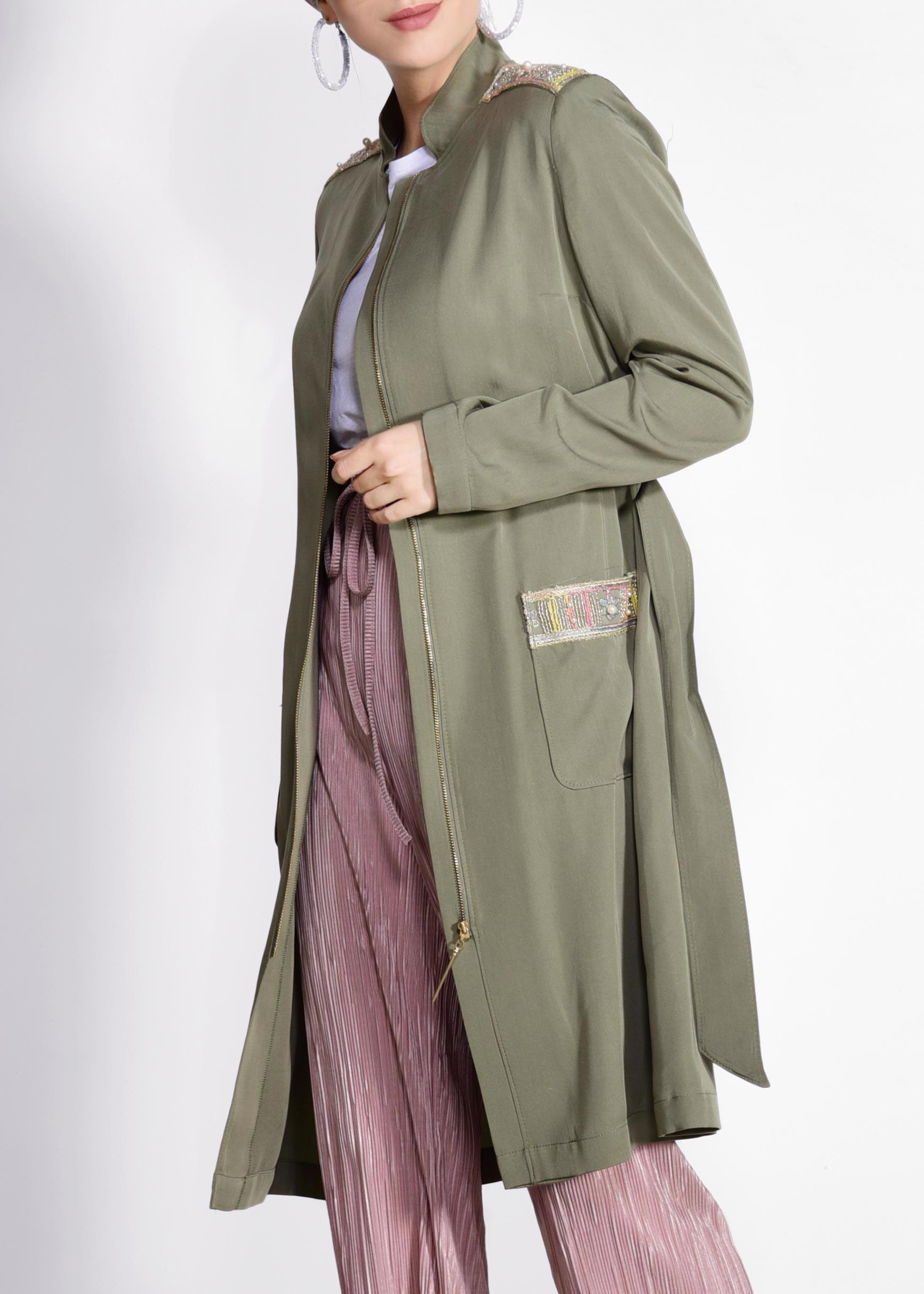 Tesettür giyim HAKİ HAKİM YAKA FERMUARLI TRENÇKOT 1226