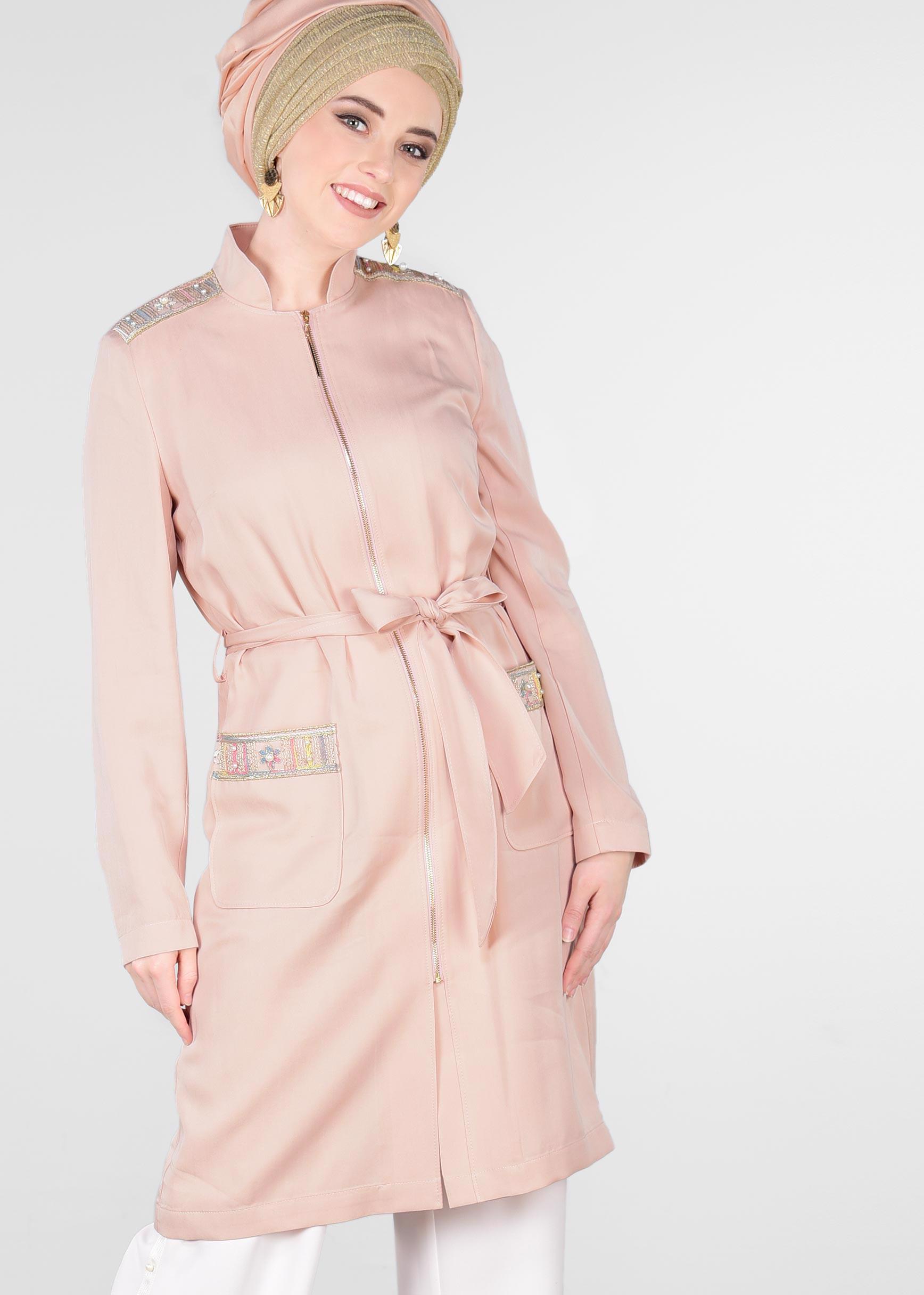 Tesettür giyim PUDRA HAKİM YAKA FERMUARLI TRENÇKOT 1226
