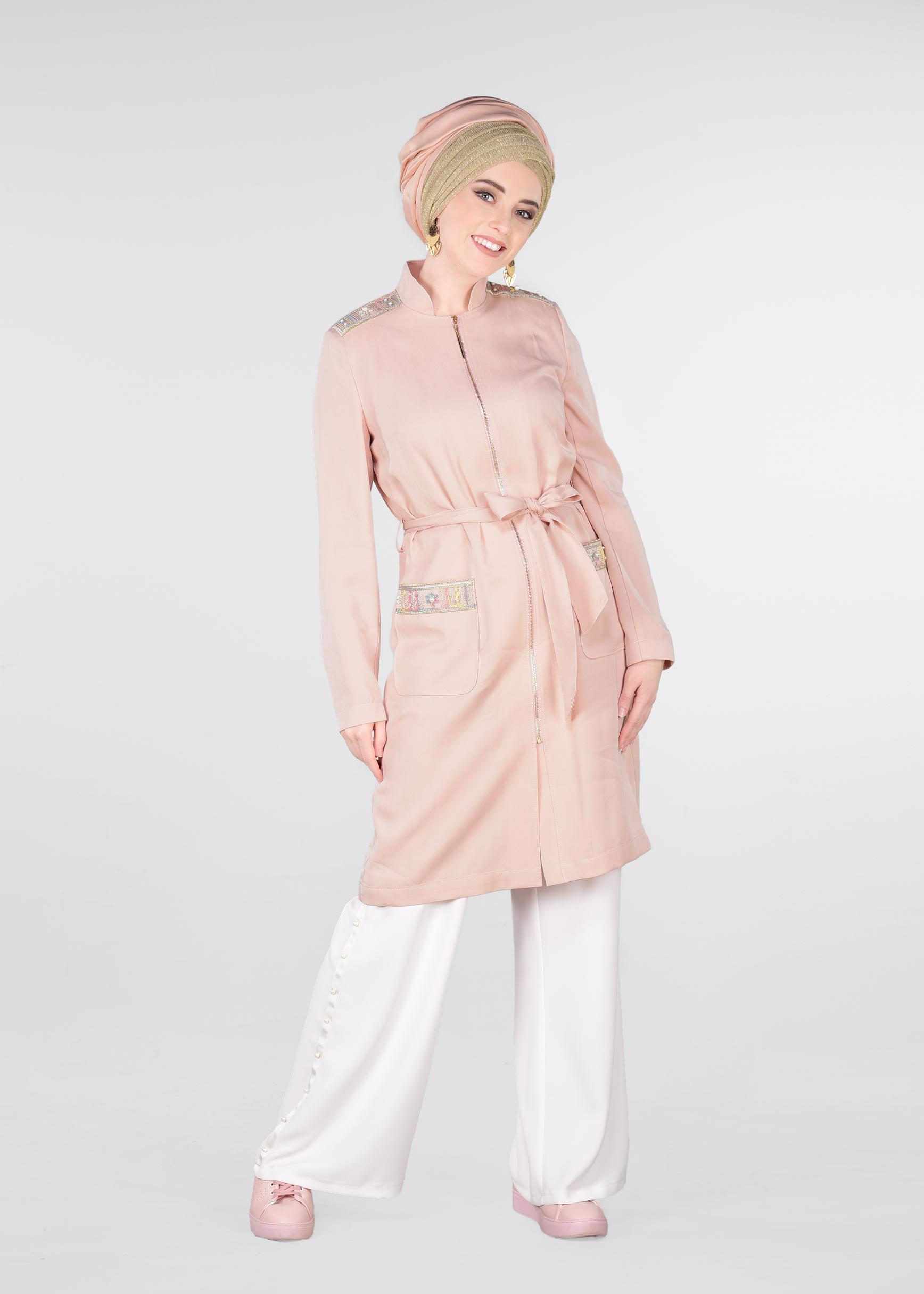 Tesettür giyim PUDRA HAKİM YAKA FERMUARLI TRENÇKOT 1226
