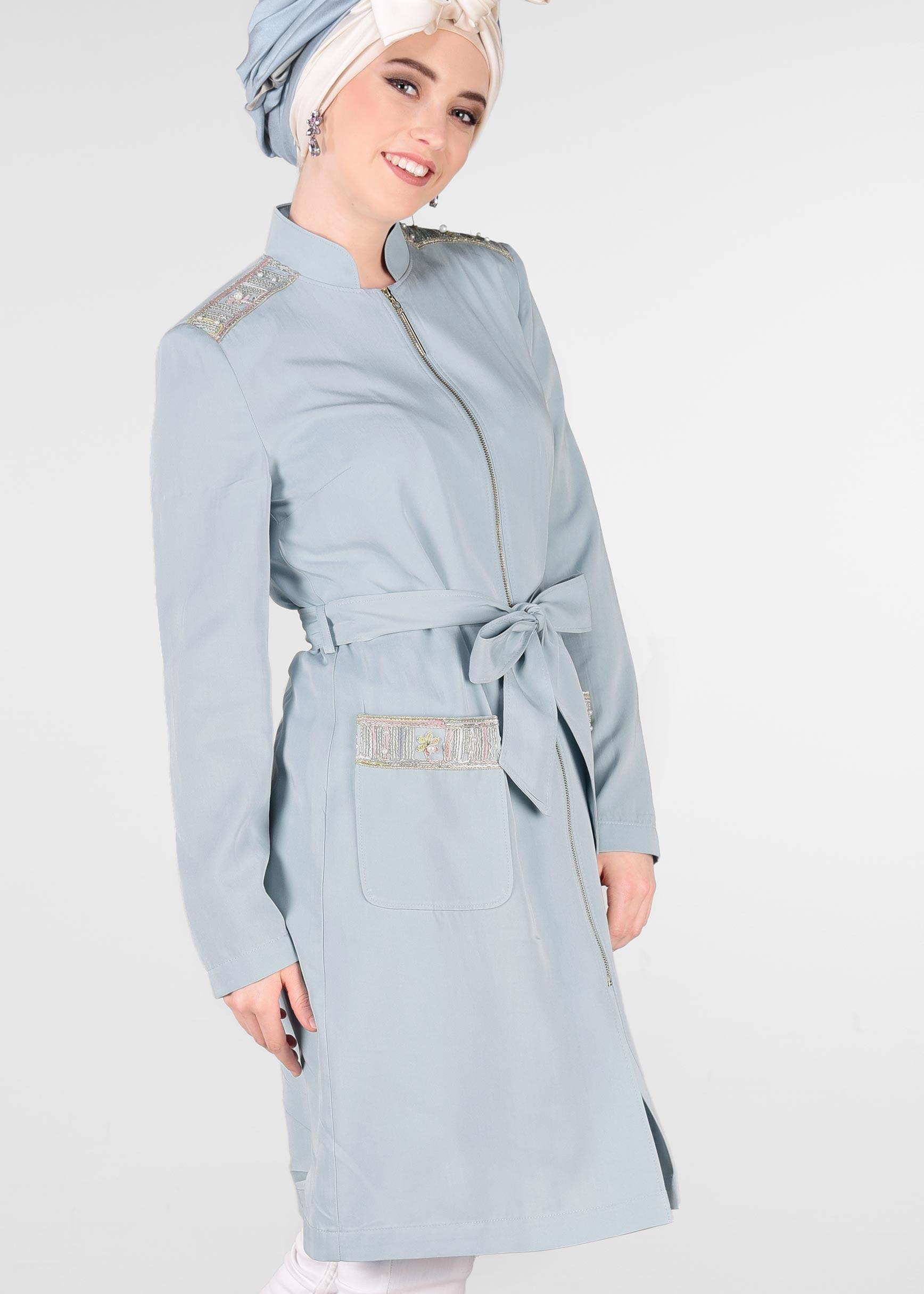 Tesettür giyim MAVİ HAKİM YAKA FERMUARLI TRENÇKOT 1226