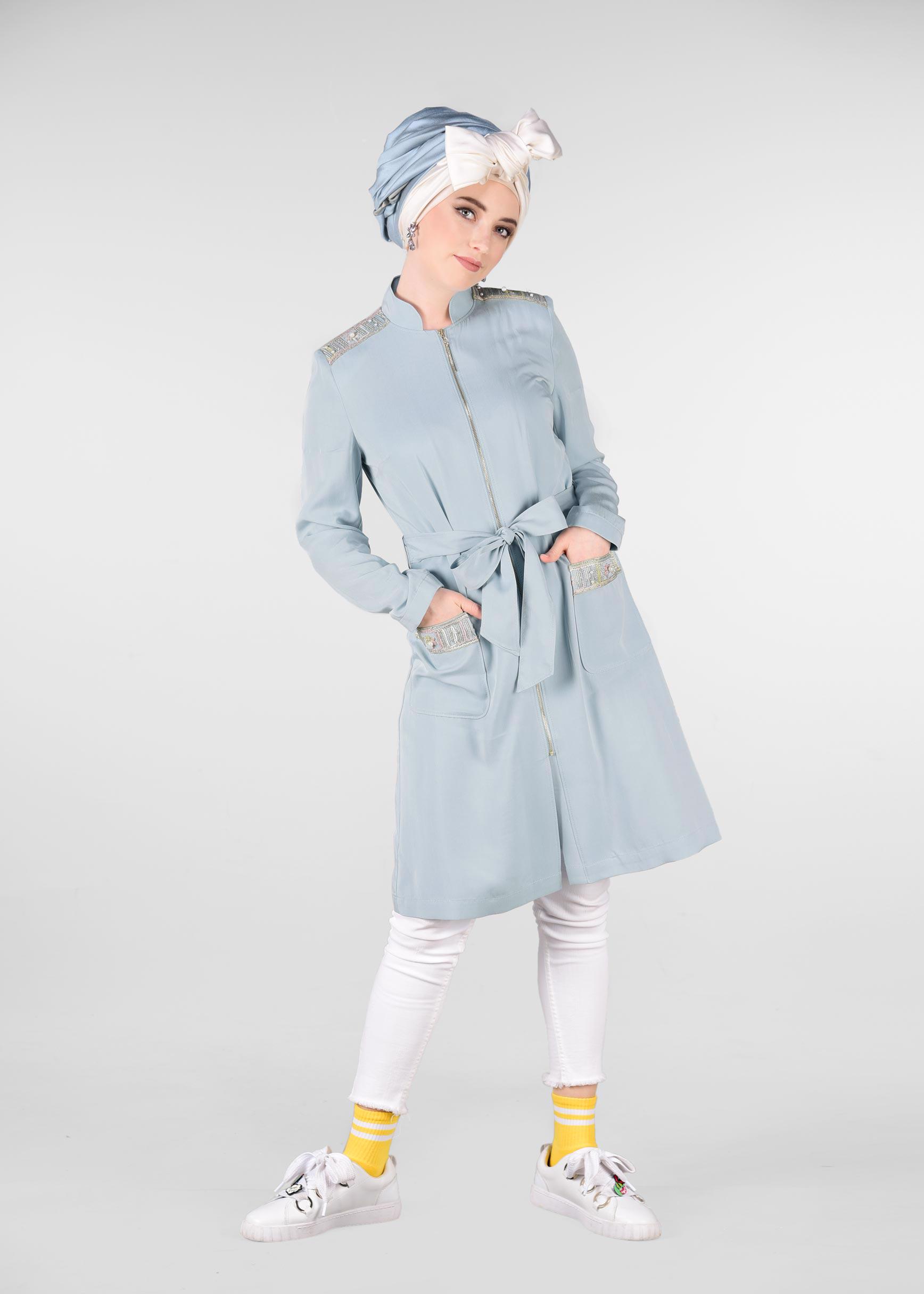 Tesettür giyim MAVİ HAKİM YAKA FERMUARLI TRENÇKOT 1226